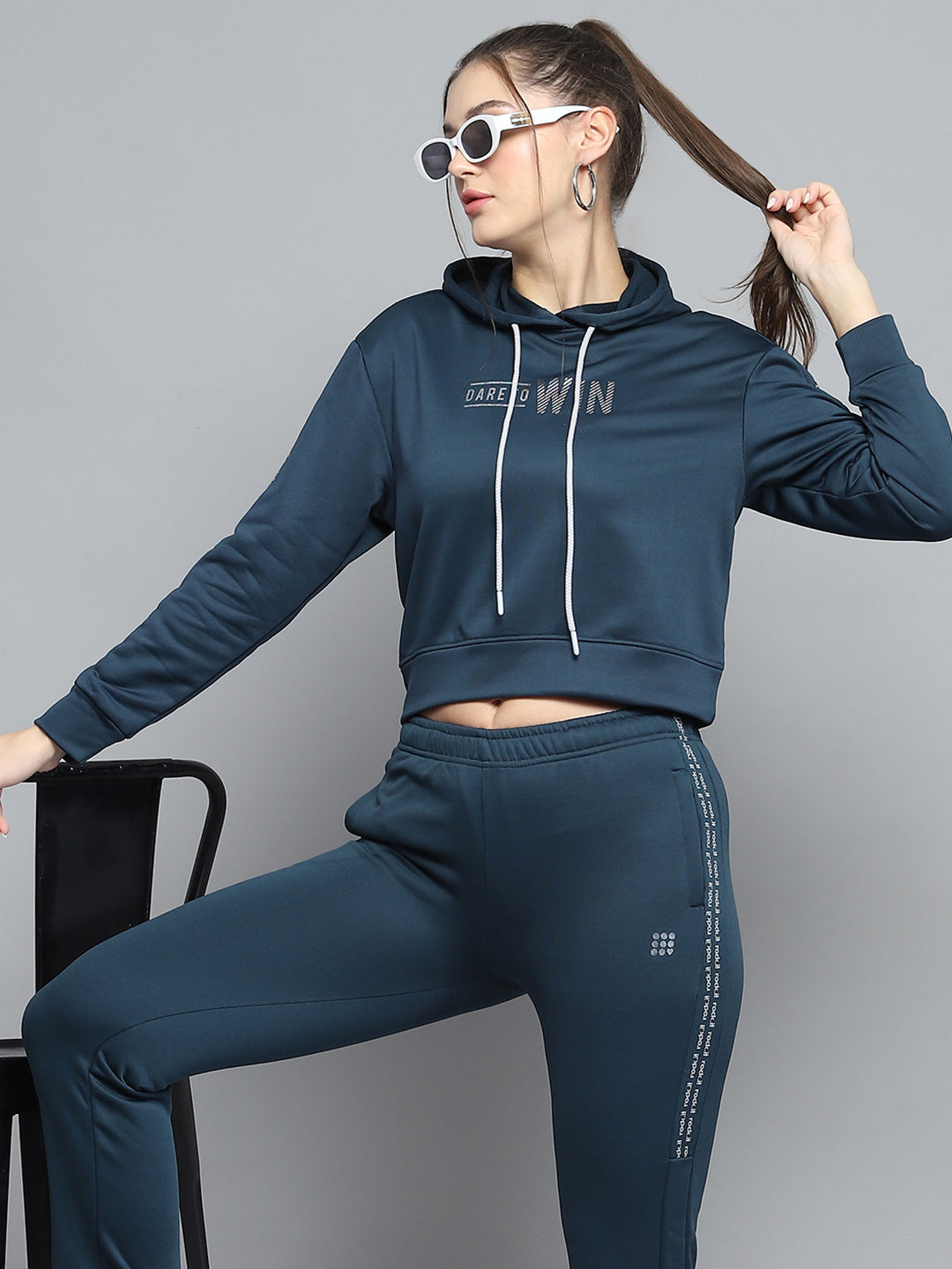 Women Teal Blue Printed Hooded Full Sleeve Tracksuit