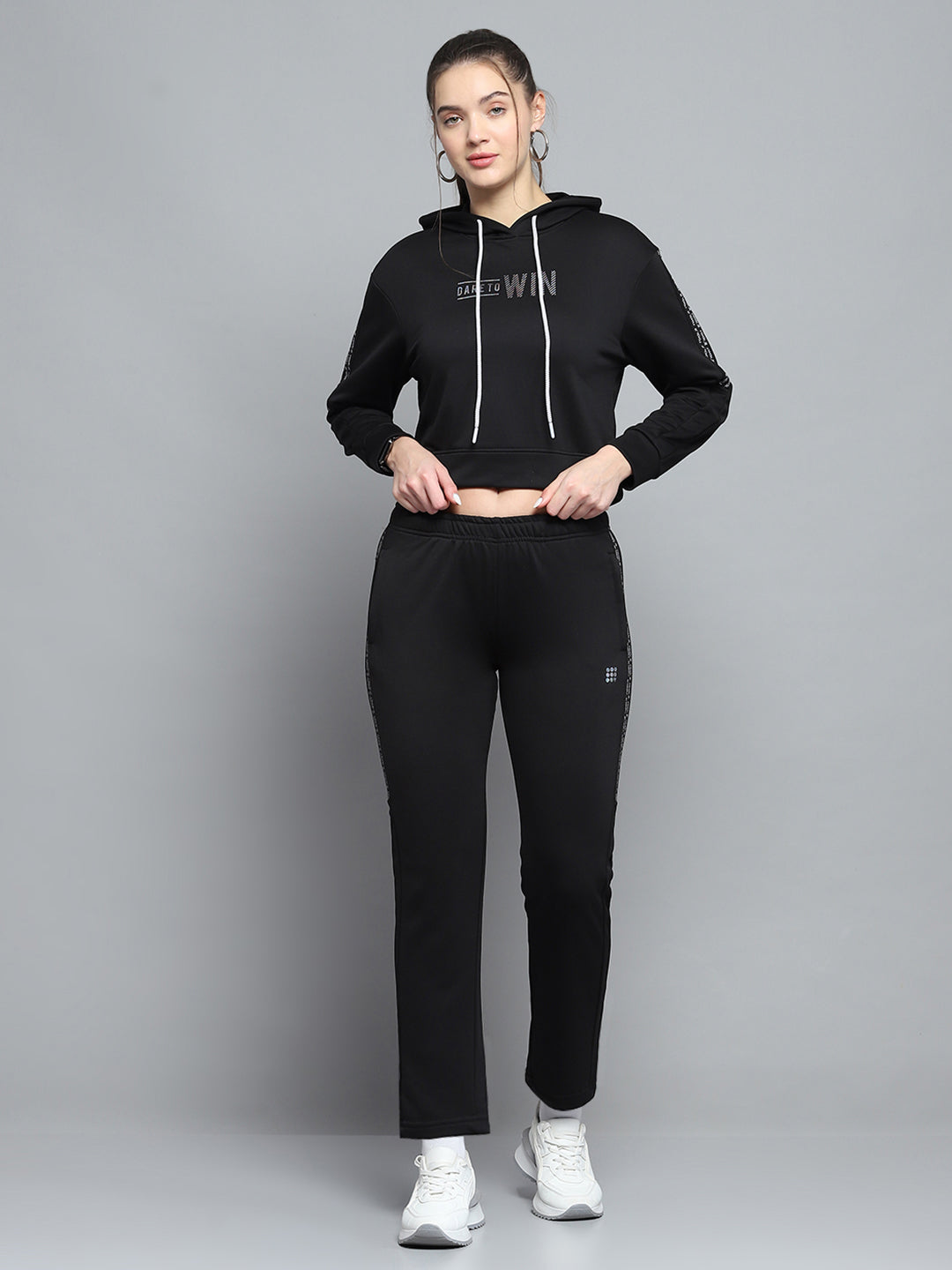 Women Black Printed Hooded Full Sleeve Tracksuit