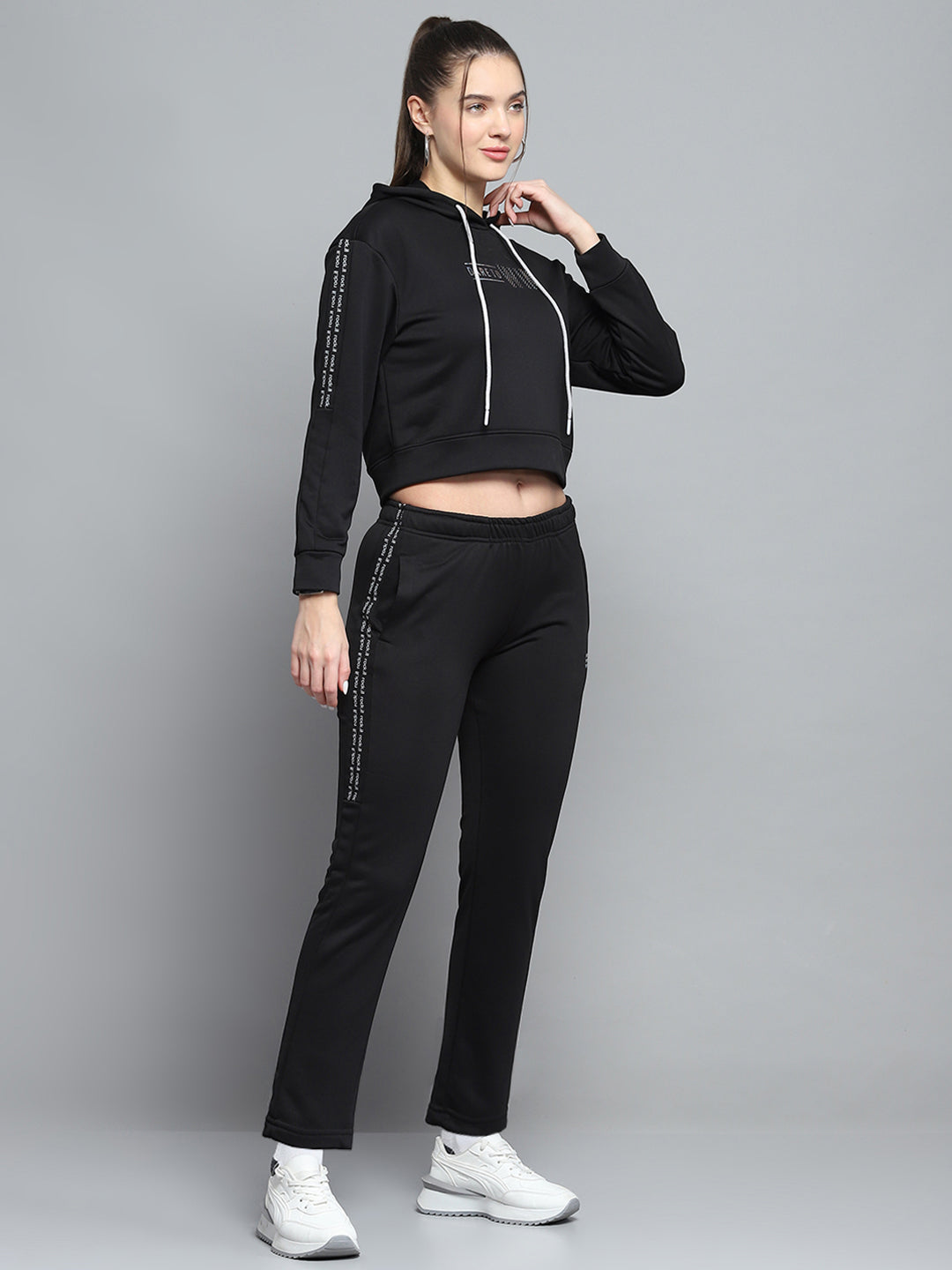 Women Black Printed Hooded Full Sleeve Tracksuit