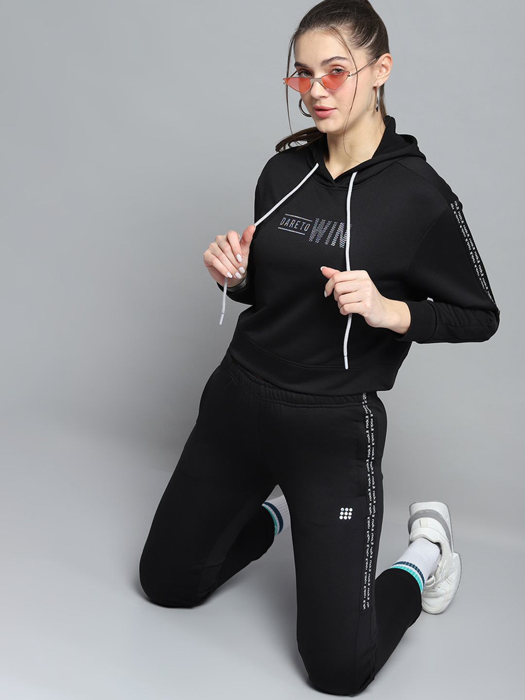 Women Black Printed Hooded Full Sleeve Tracksuit