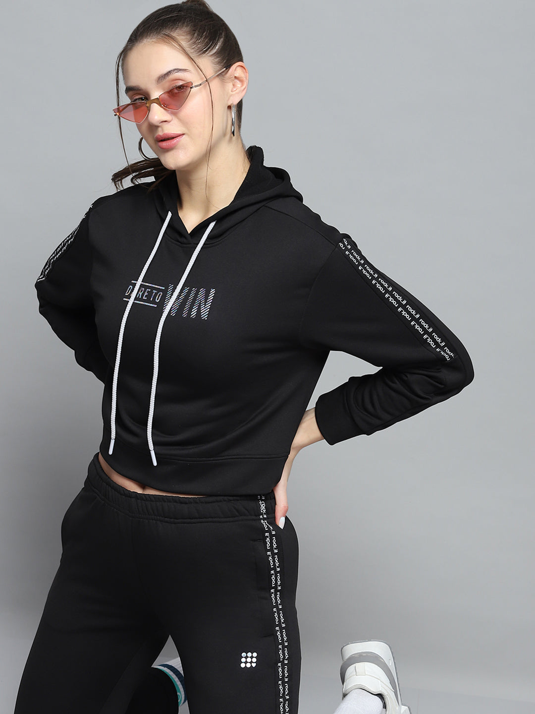 Women Black Printed Hooded Full Sleeve Tracksuit