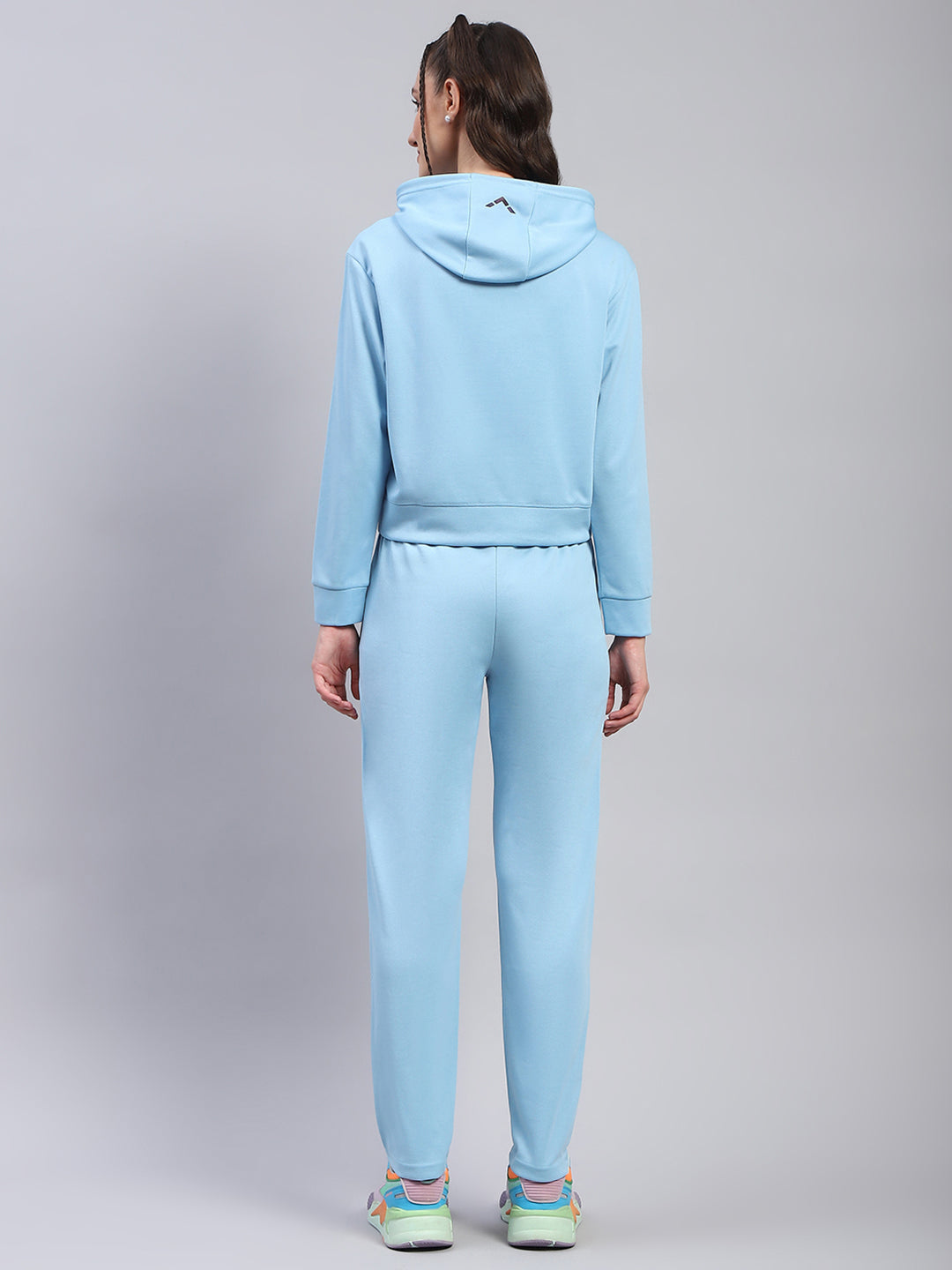 Women Blue Solid Hooded Full Sleeve Tracksuit