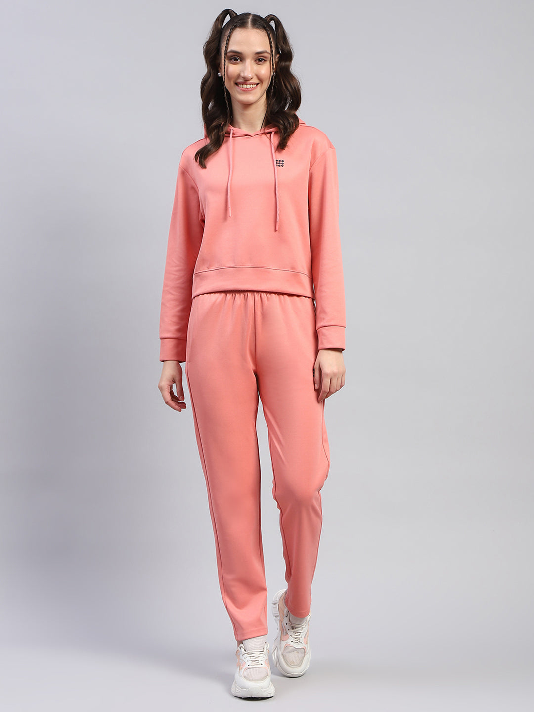 Women Peach Solid Hooded Full Sleeve Tracksuit