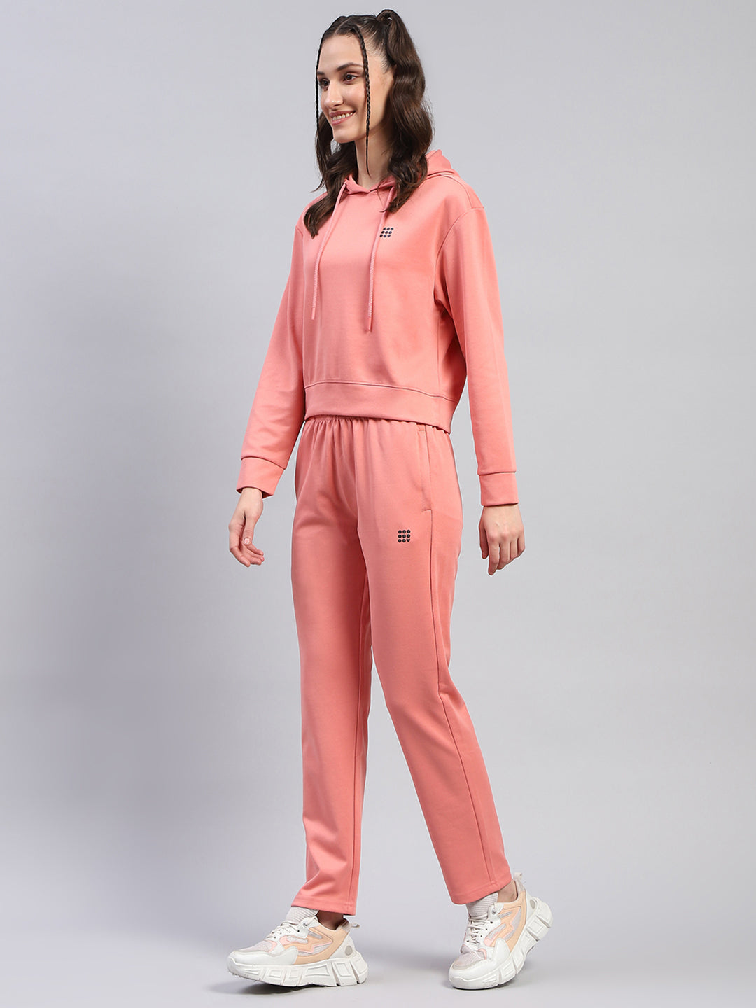 Women Peach Solid Hooded Full Sleeve Tracksuit