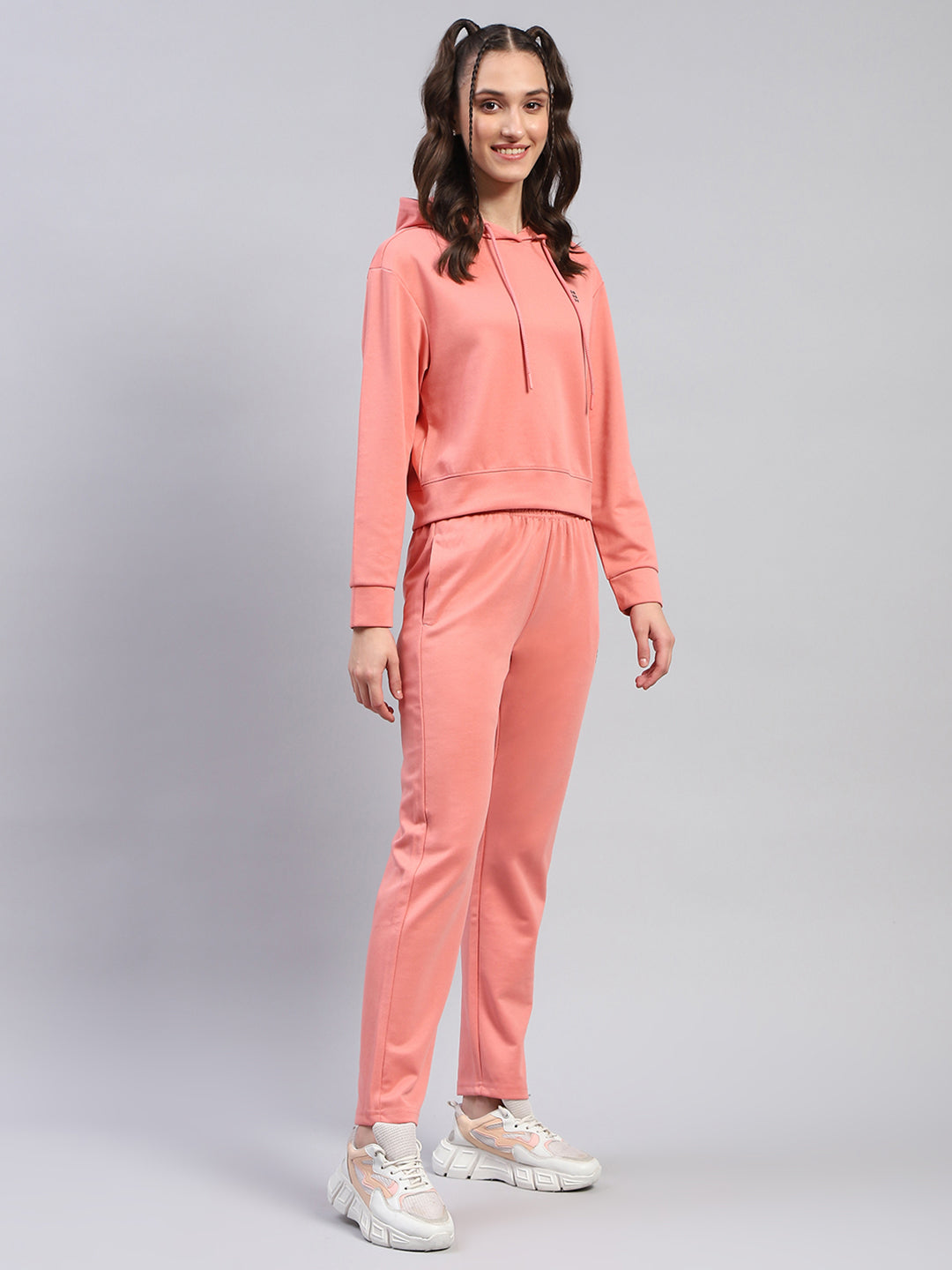 Women Peach Solid Hooded Full Sleeve Tracksuit