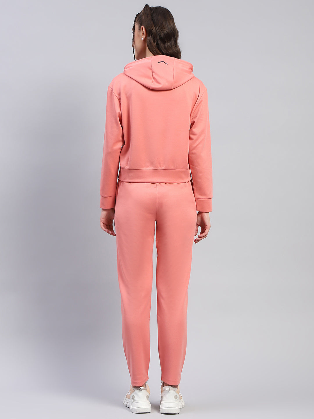 Women Peach Solid Hooded Full Sleeve Tracksuit