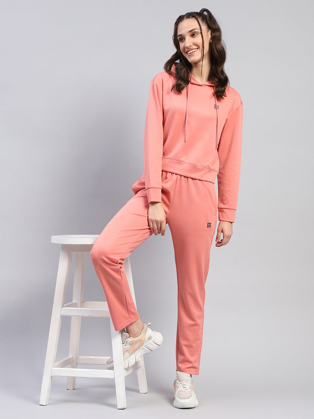 Women Peach Solid Hooded Full Sleeve Tracksuit