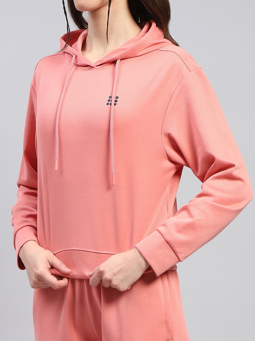 Women Peach Solid Hooded Full Sleeve Tracksuit