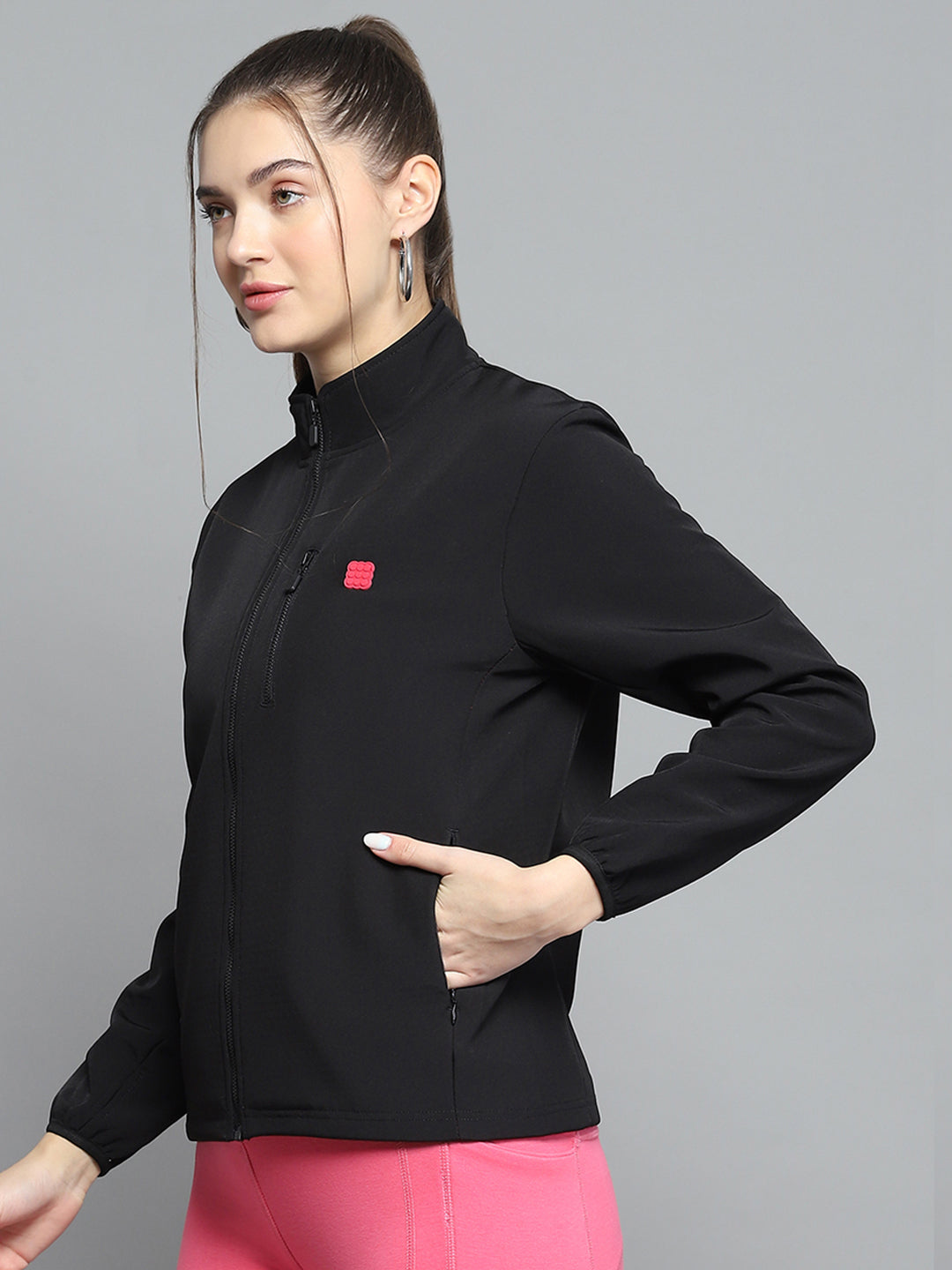 Women Black Solid Mock Neck Full Sleeve Sweatshirt