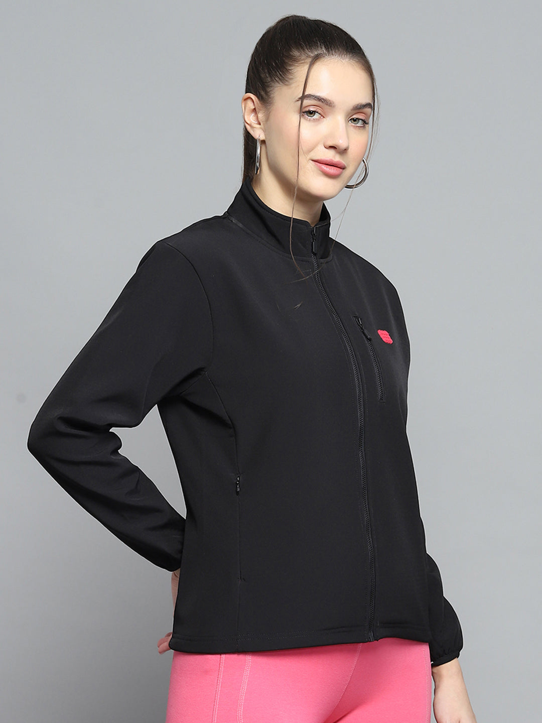 Women Black Solid Mock Neck Full Sleeve Sweatshirt