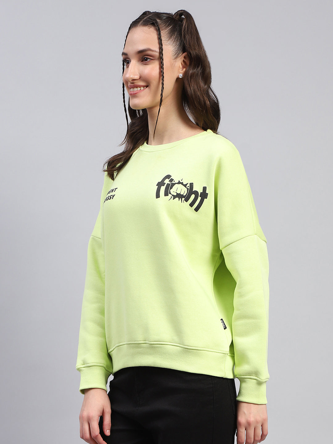 Women Green Printed Round Neck Full Sleeve Sweatshirt