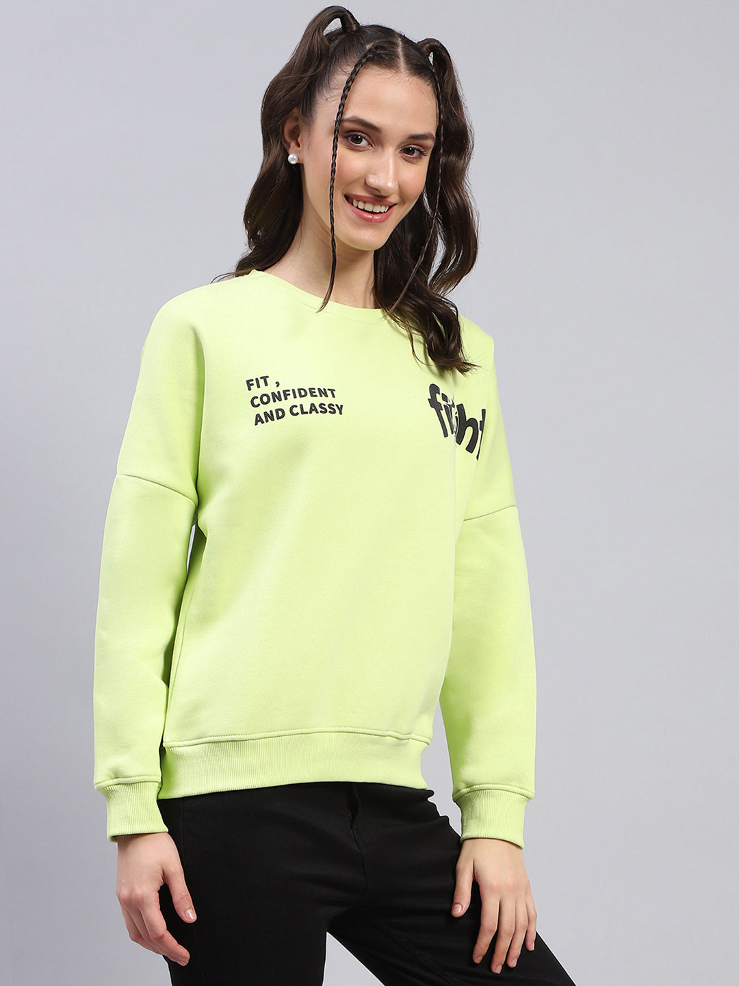 Women Green Printed Round Neck Full Sleeve Sweatshirt