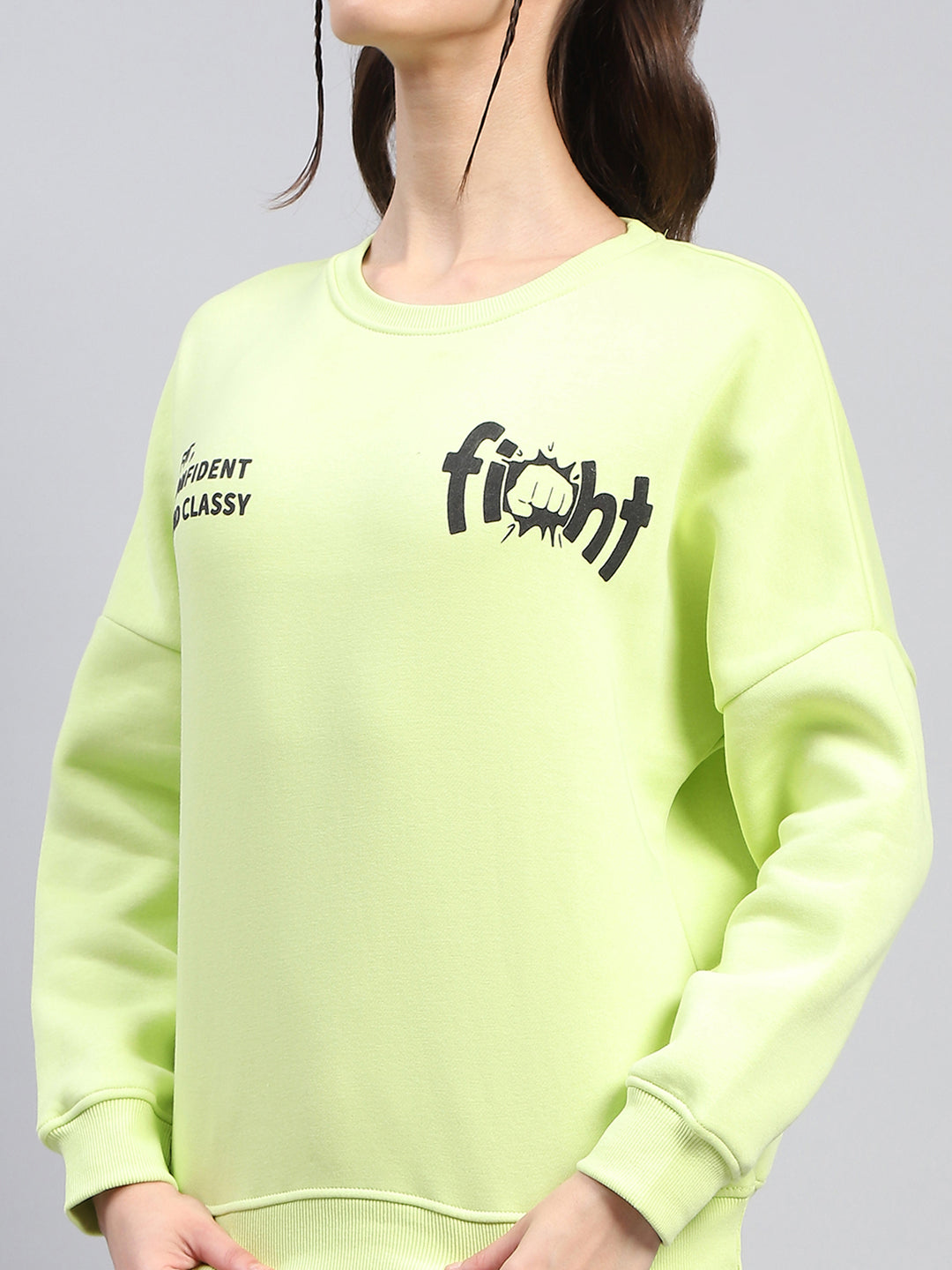 Women Green Printed Round Neck Full Sleeve Sweatshirt