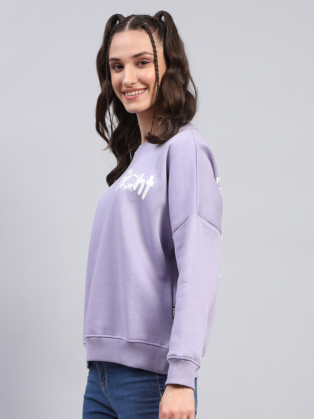 Women Purple Printed Round Neck Full Sleeve Sweatshirt