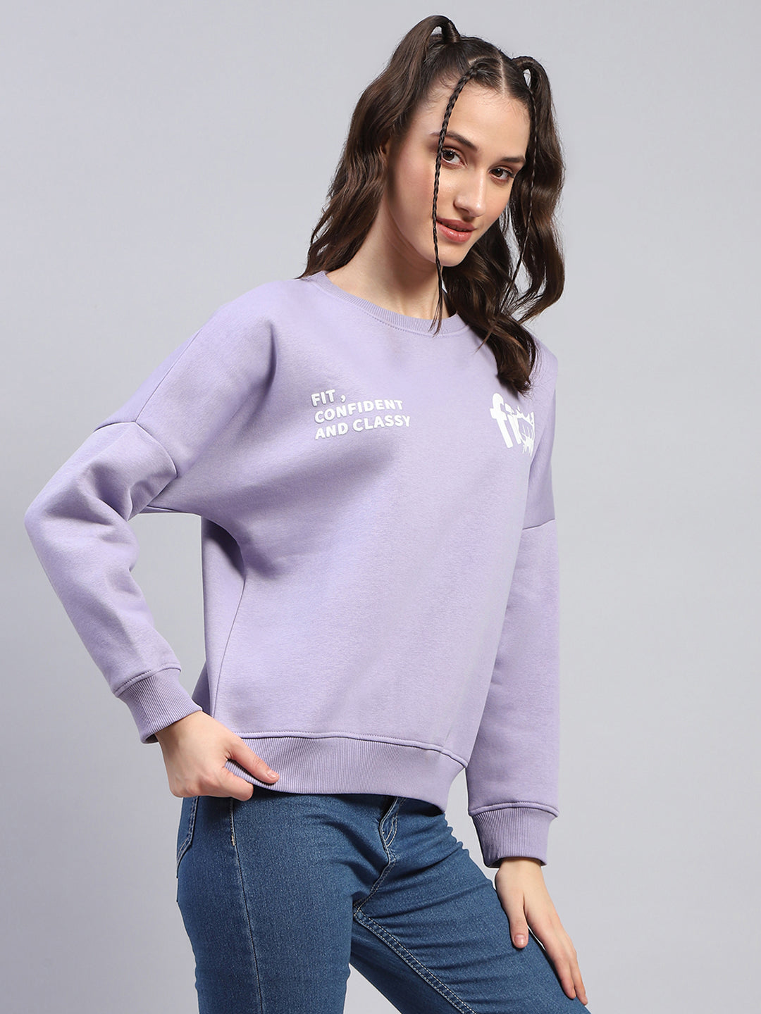 Women Purple Printed Round Neck Full Sleeve Sweatshirt