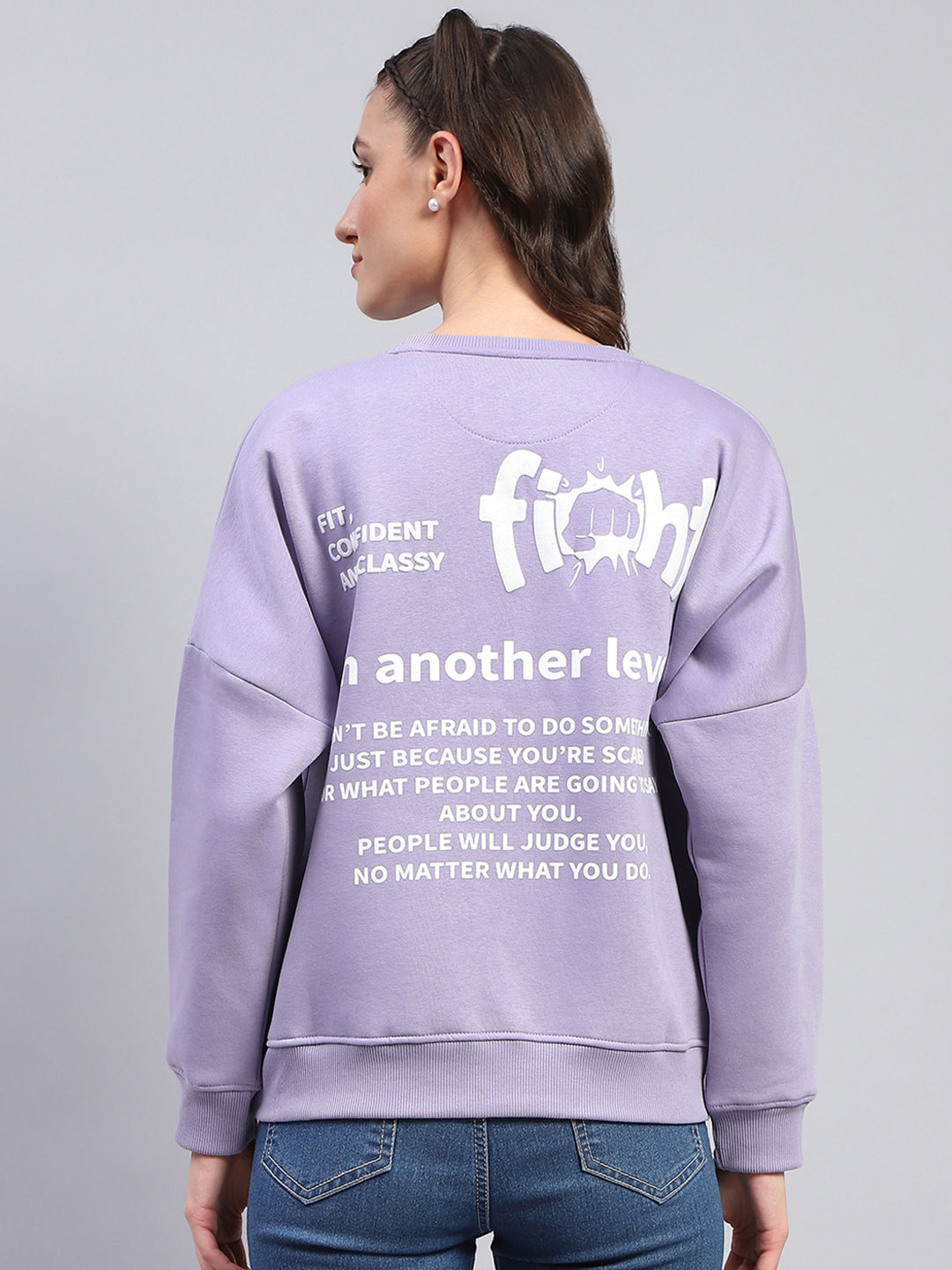 Women Purple Printed Round Neck Full Sleeve Sweatshirt