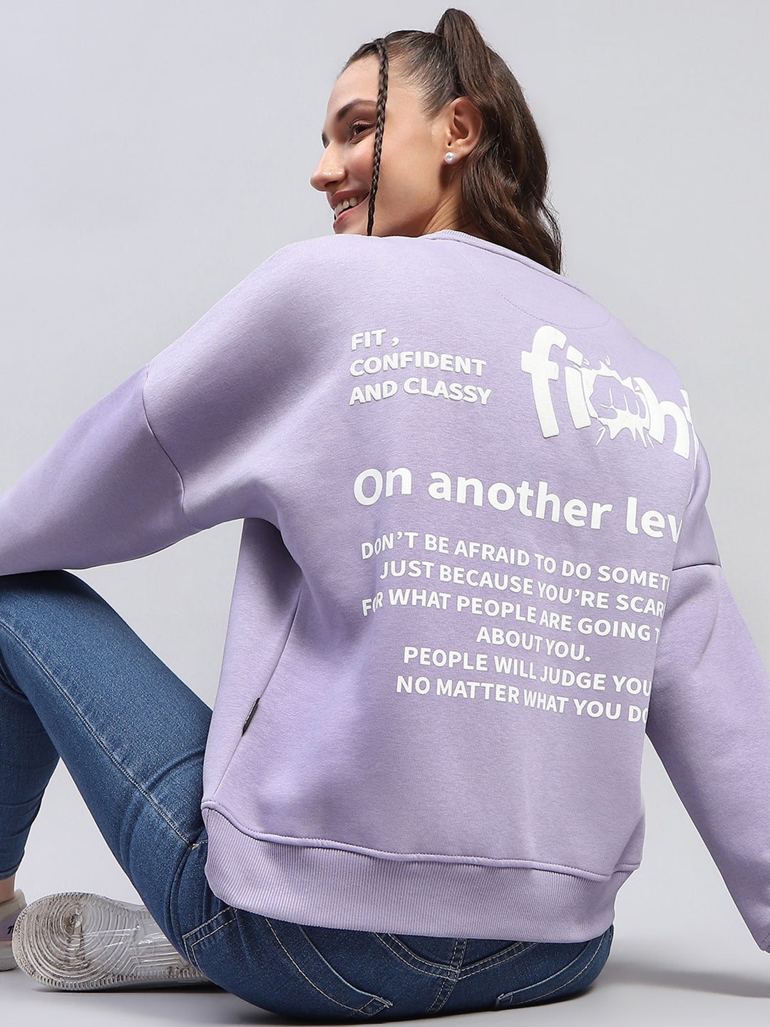 Women Purple Printed Round Neck Full Sleeve Sweatshirt