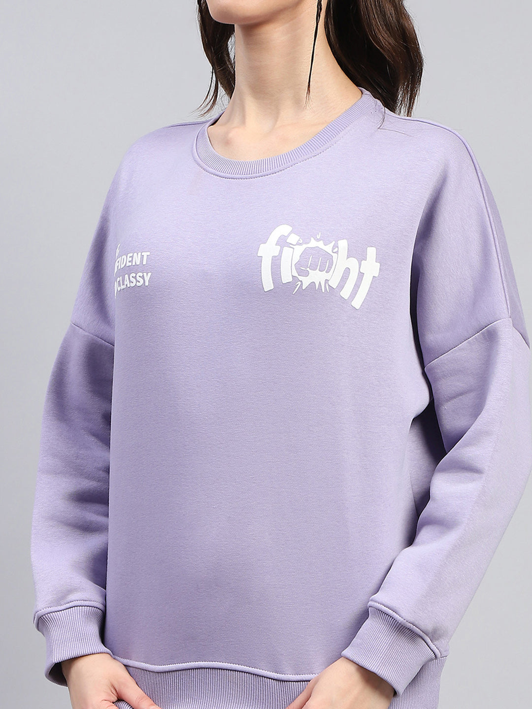 Women Purple Printed Round Neck Full Sleeve Sweatshirt