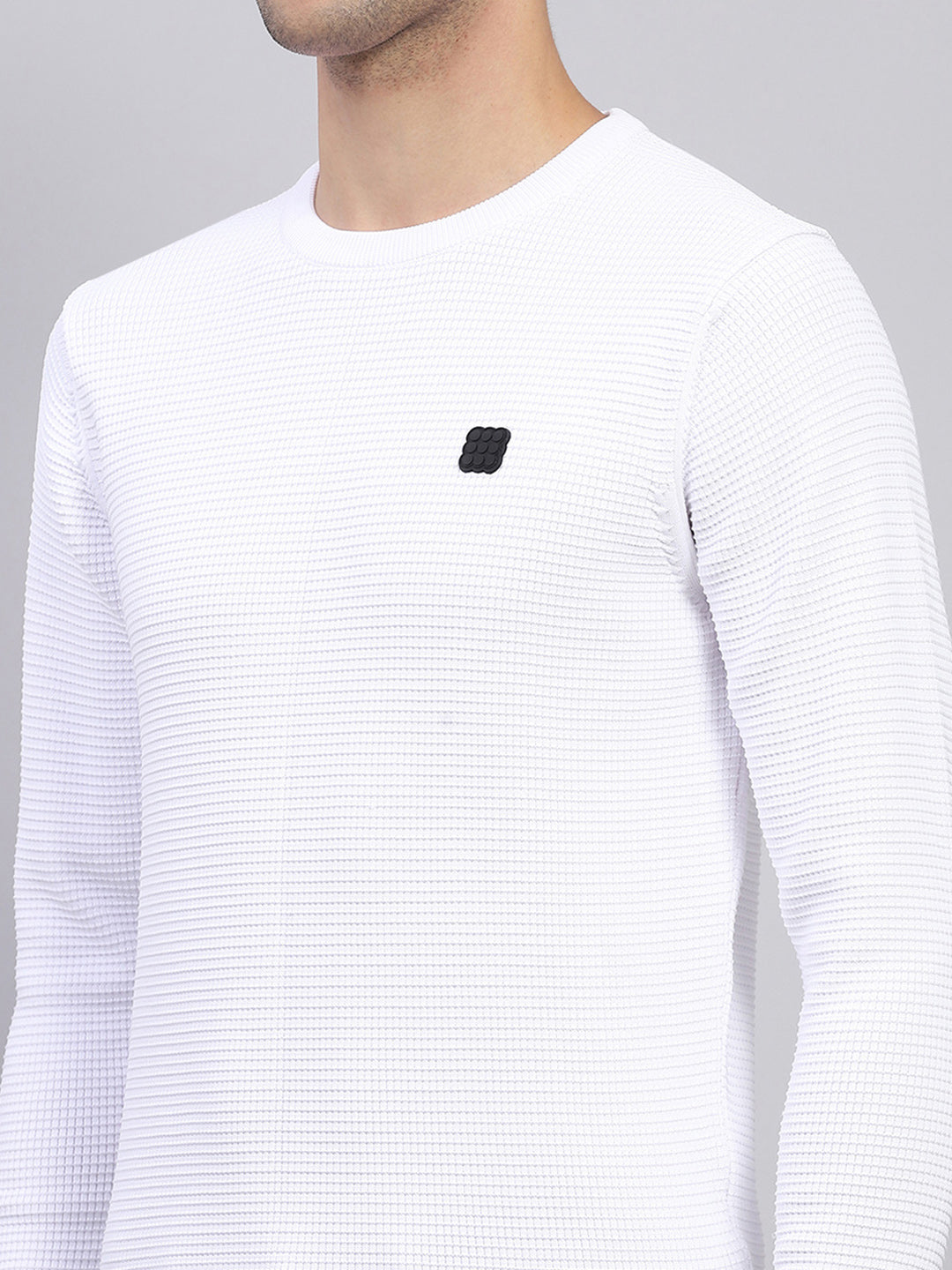 Men White Solid Round Neck Full Sleeve Pullover