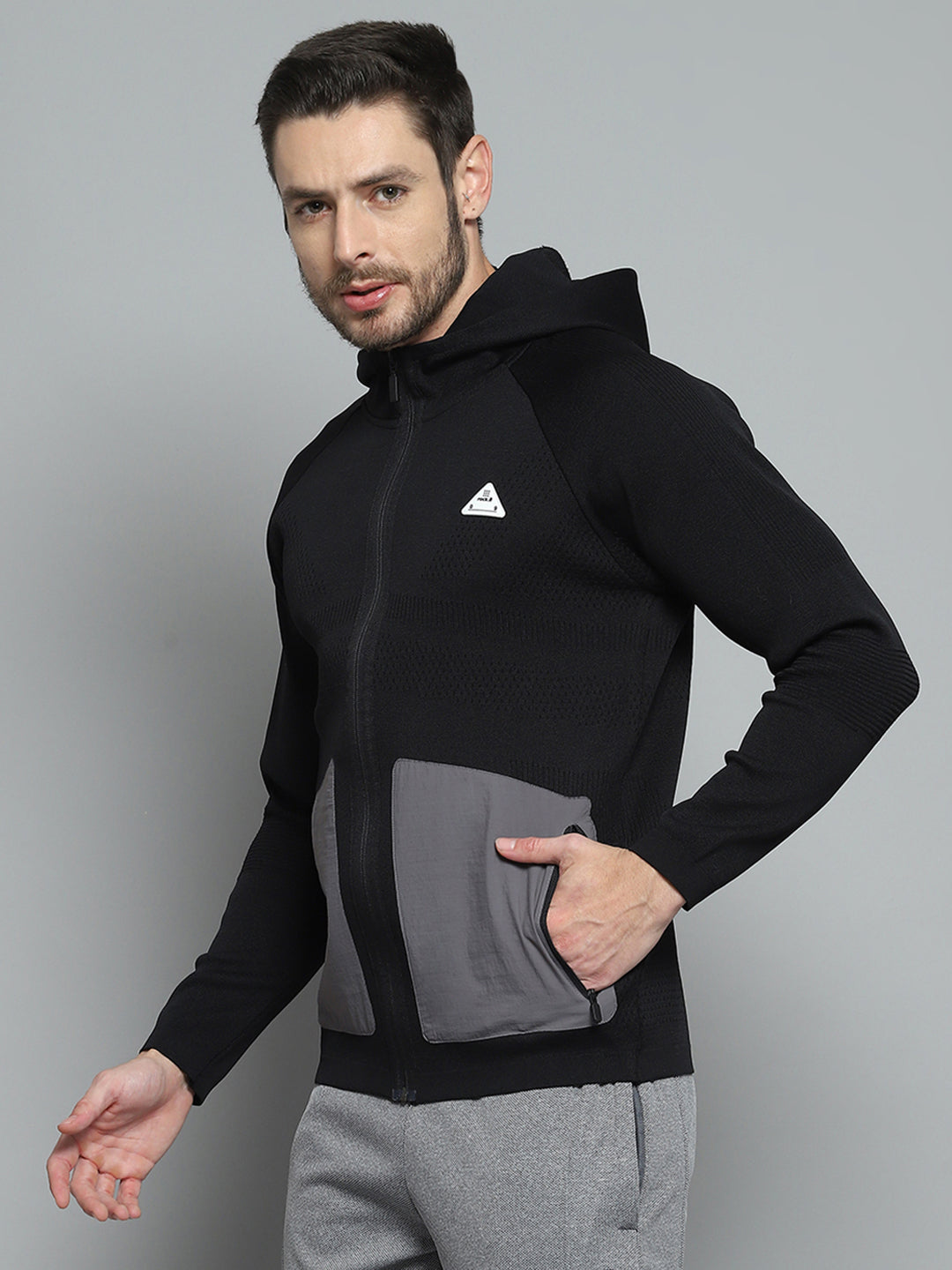 Men Black Self Design Hooded Full Sleeve Pullover