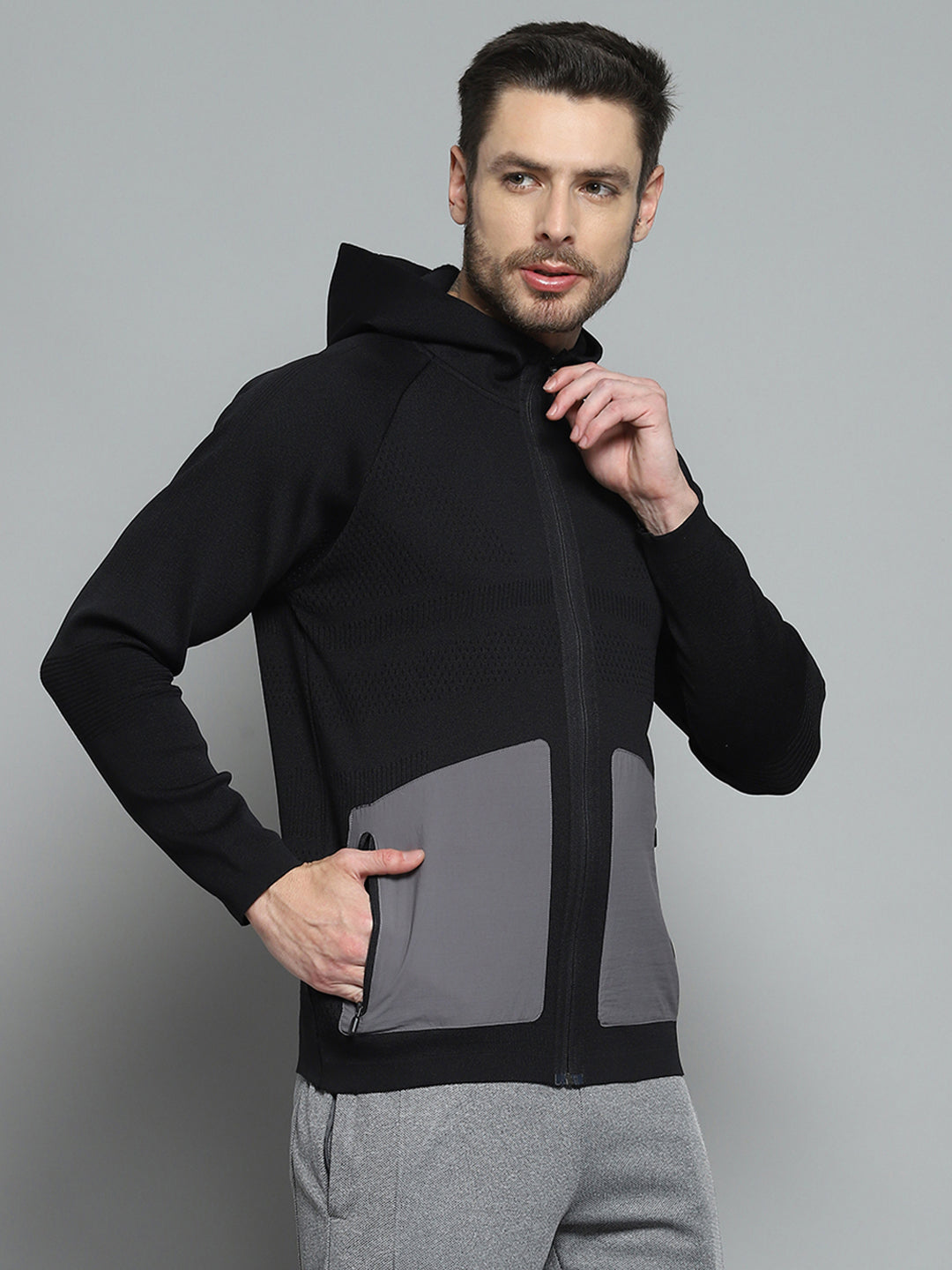 Men Black Self Design Hooded Full Sleeve Pullover