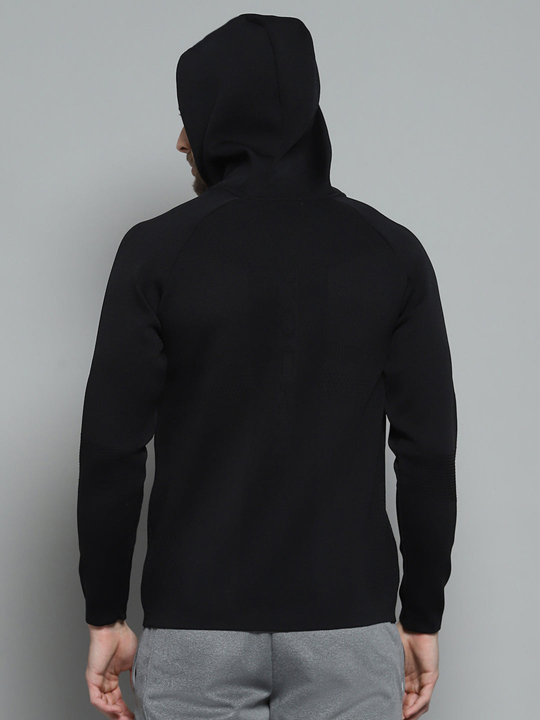 Men Black Self Design Hooded Full Sleeve Pullover