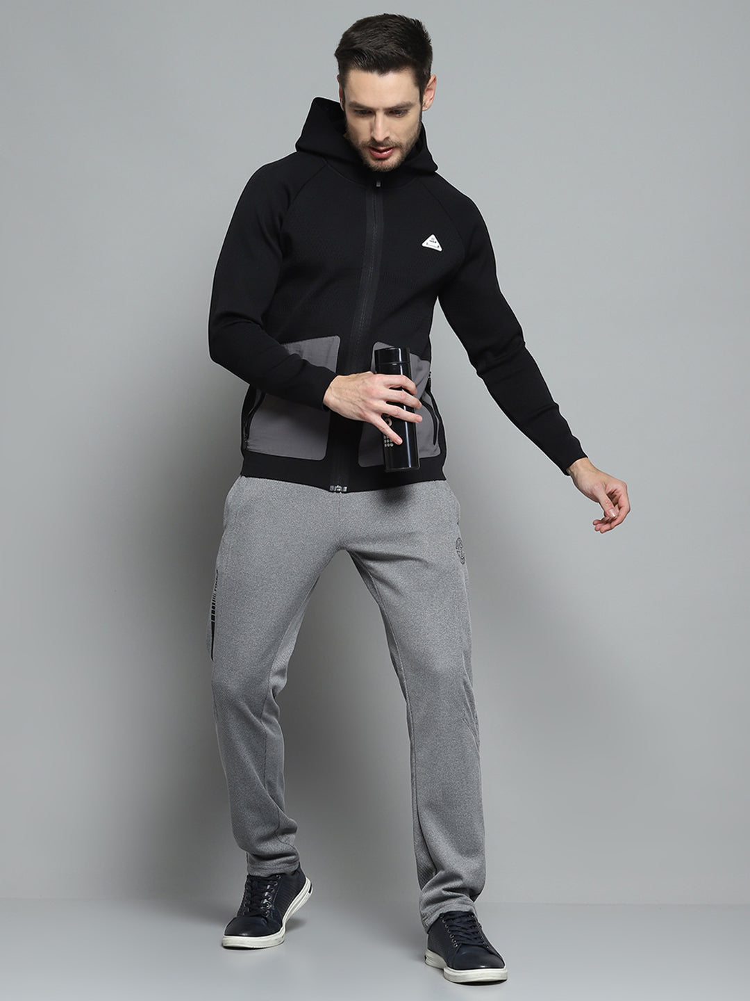 Men Black Self Design Hooded Full Sleeve Pullover