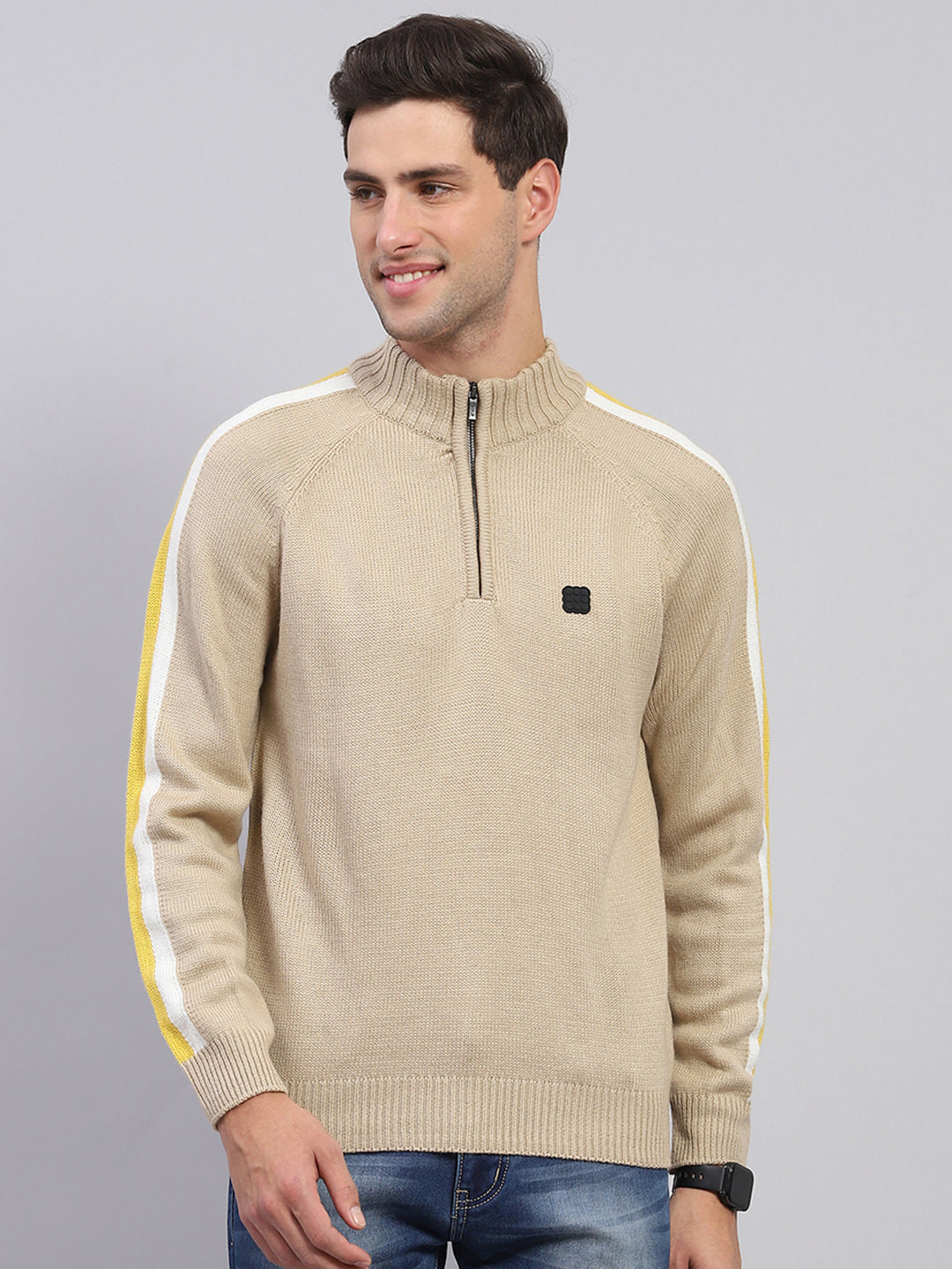 Men Beige Solid Mock Neck Full Sleeve Pullover