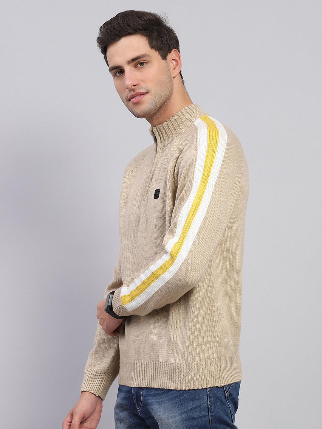 Men Beige Solid Mock Neck Full Sleeve Pullover