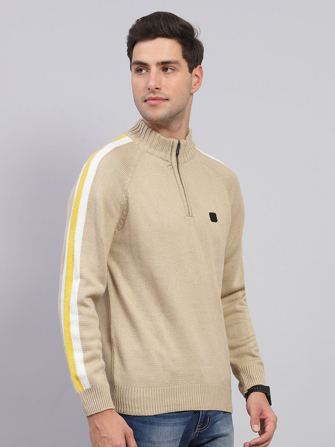 Men Beige Solid Mock Neck Full Sleeve Pullover