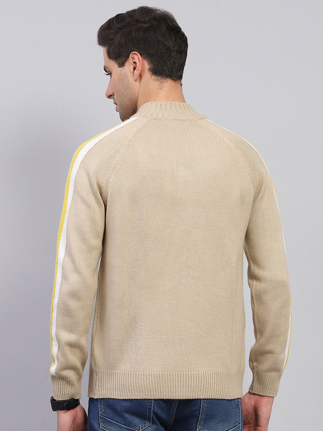 Men Beige Solid Mock Neck Full Sleeve Pullover