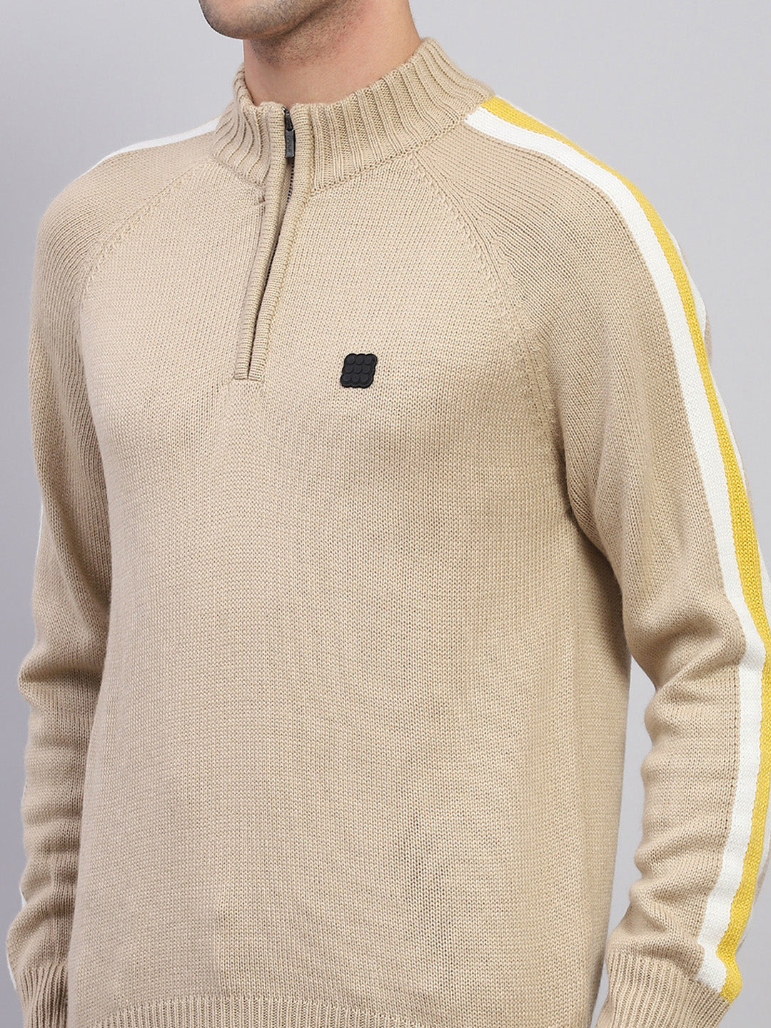 Men Beige Solid Mock Neck Full Sleeve Pullover