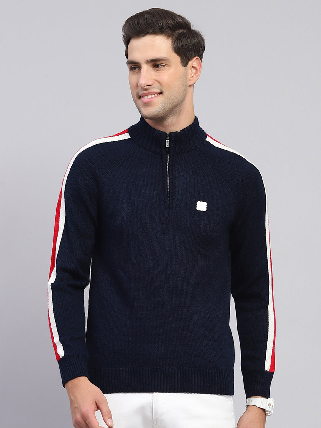 Men Navy Blue Solid Mock Neck Full Sleeve Pullover