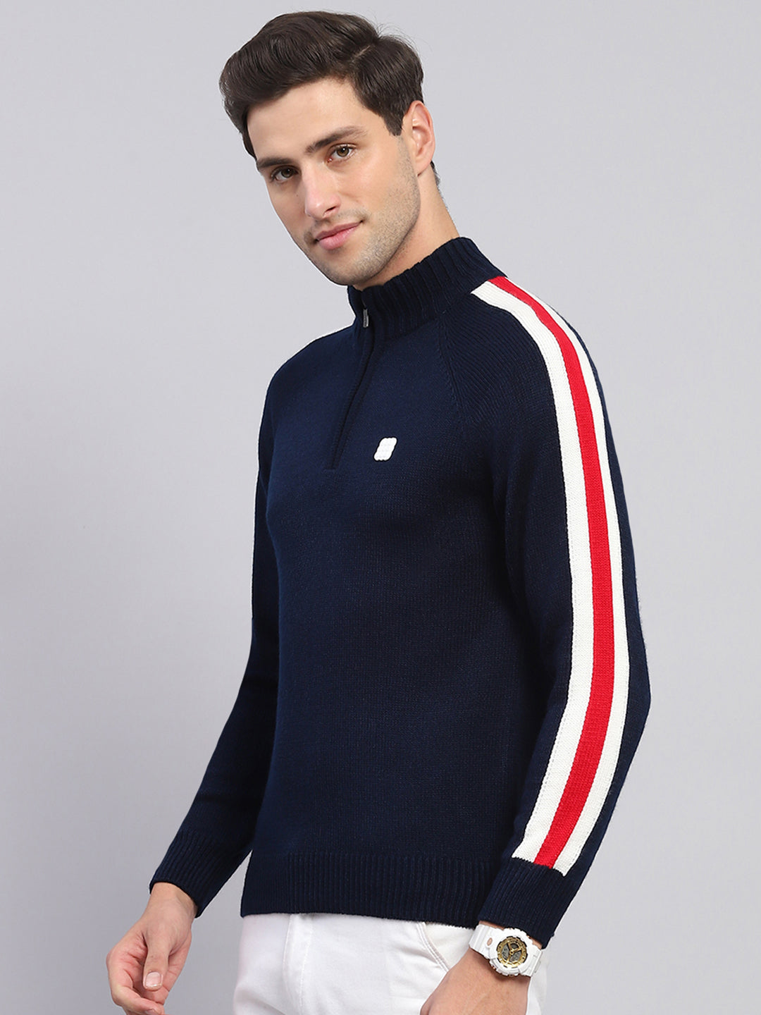 Men Navy Blue Solid Mock Neck Full Sleeve Pullover