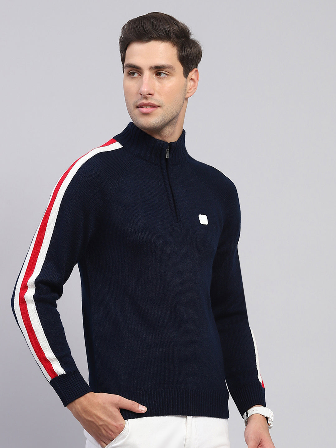 Men Navy Blue Solid Mock Neck Full Sleeve Pullover