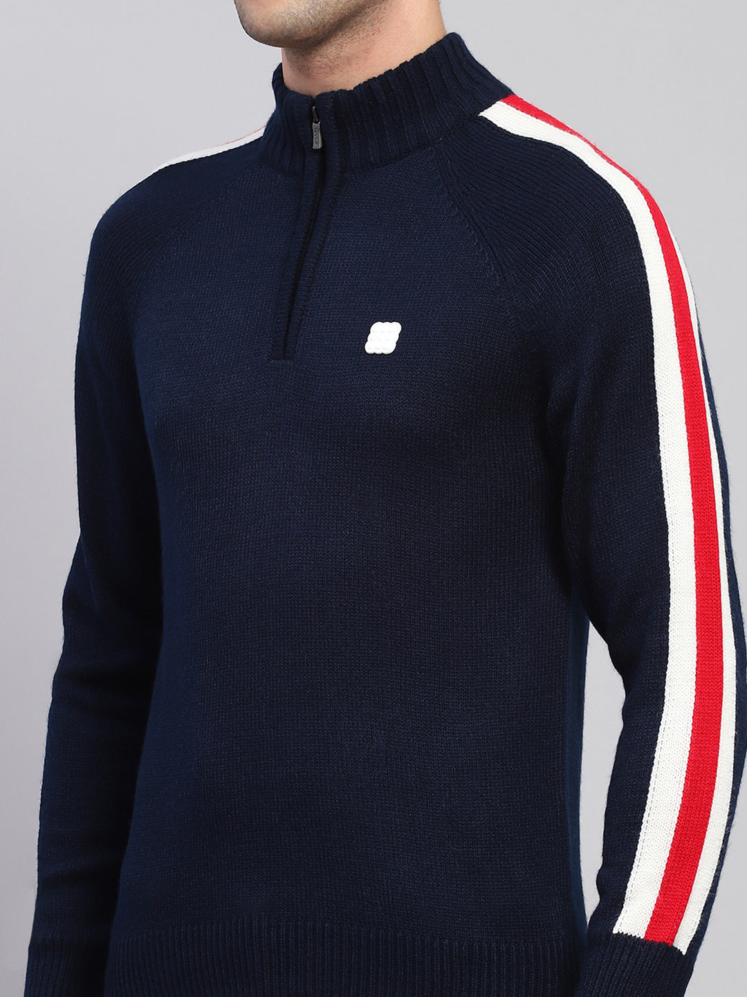 Men Navy Blue Solid Mock Neck Full Sleeve Pullover