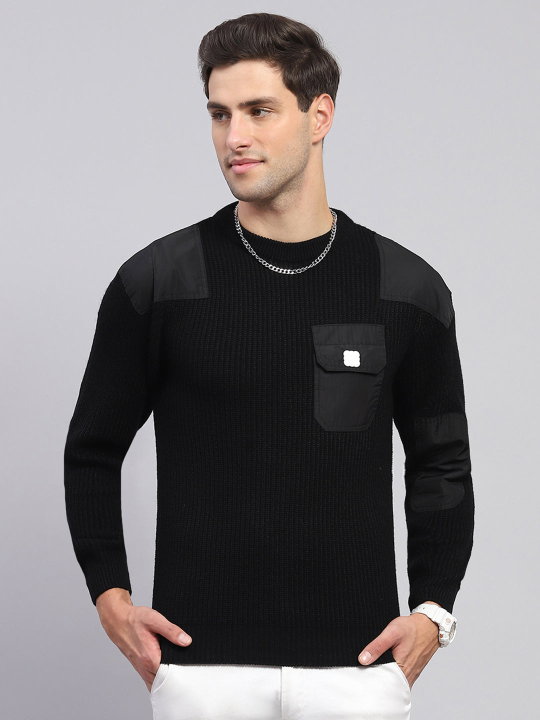 Men Black Solid Round Neck Full Sleeve Pullover