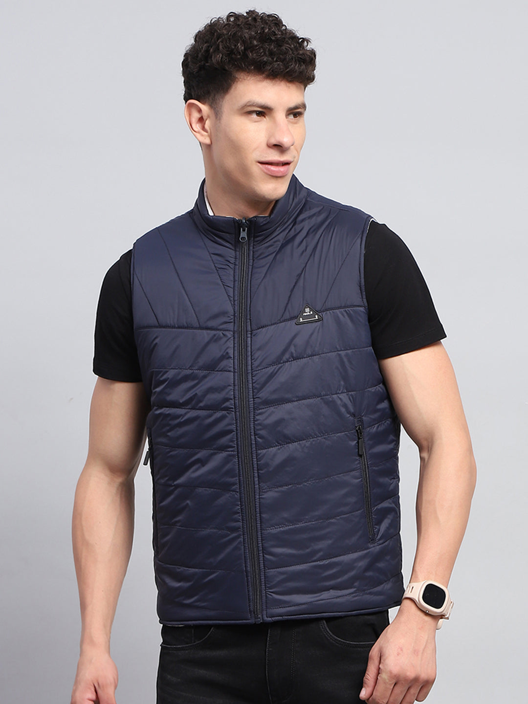 Men Navy Blue Solid Mock Neck Sleeveless Reversible Jacket