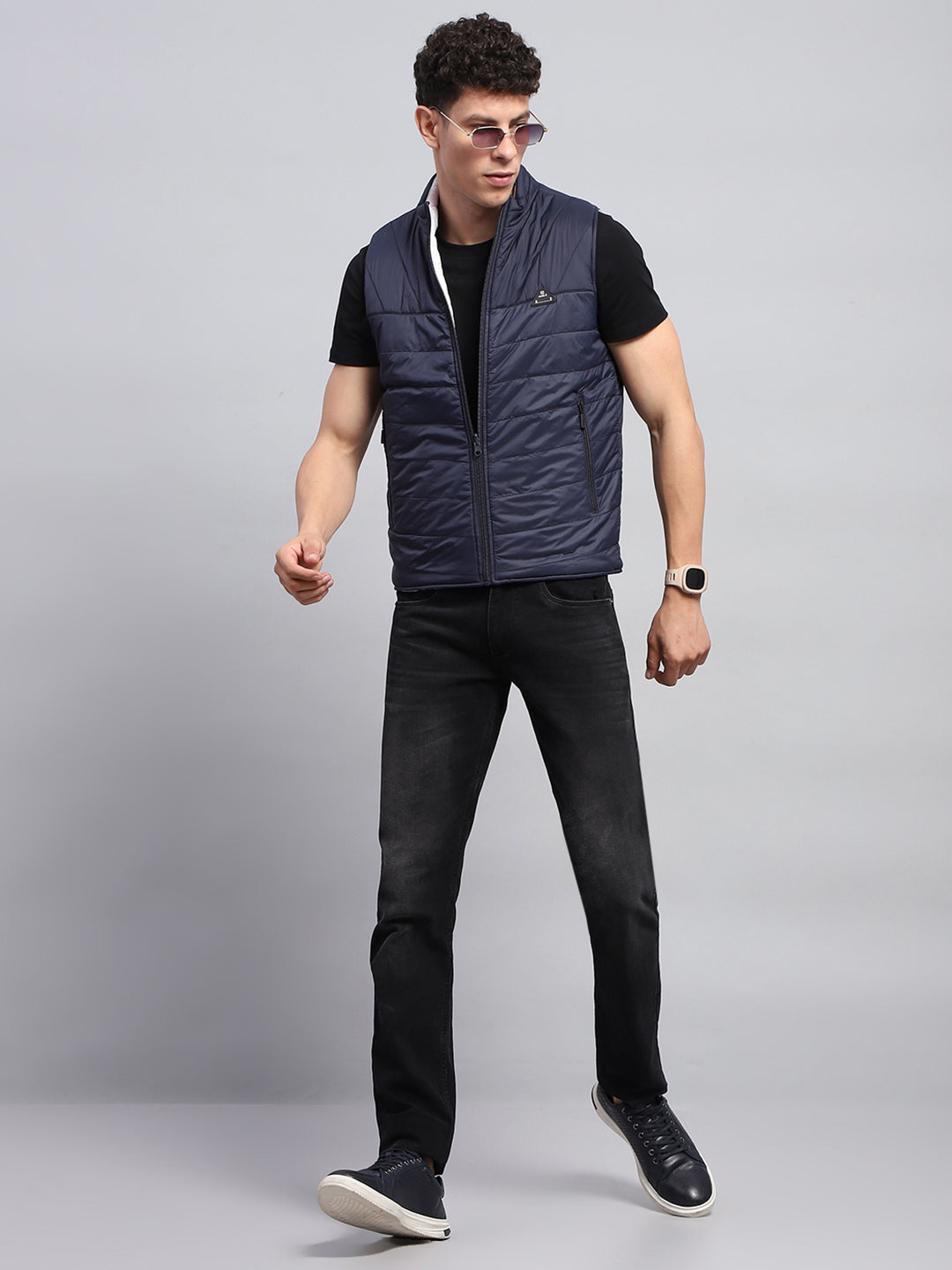 Men Navy Blue Solid Mock Neck Sleeveless Reversible Jacket