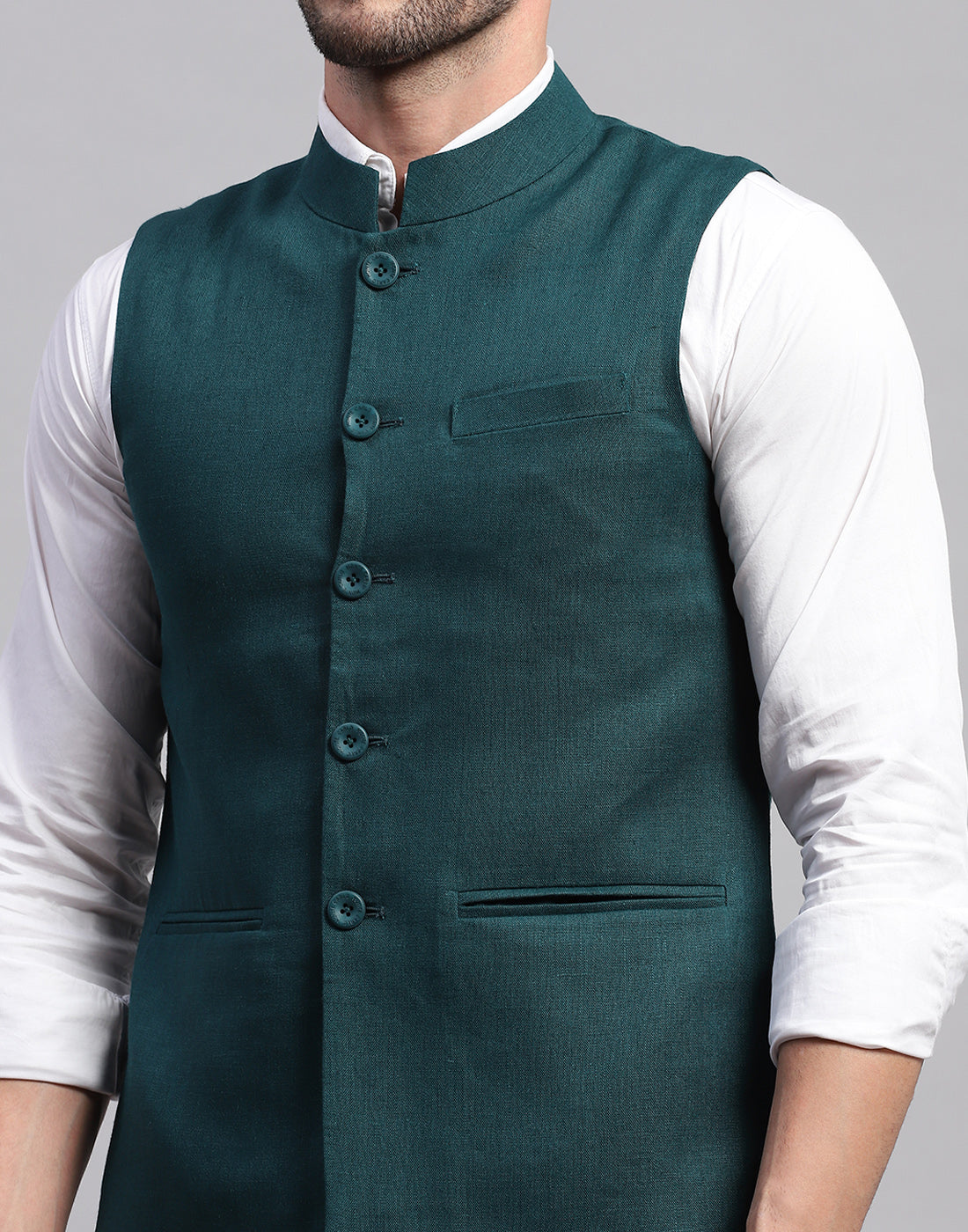 Men Teal Blue Solid Band Collar Sleeveless Nehru Jacket