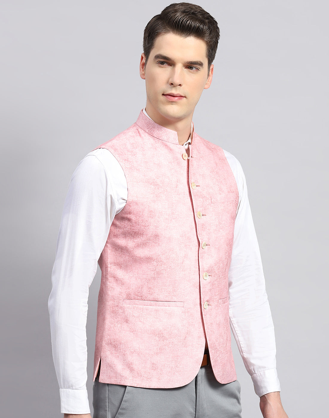 Men Pink Self Design Mandarin Collar Sleeveless Nehru Jacket