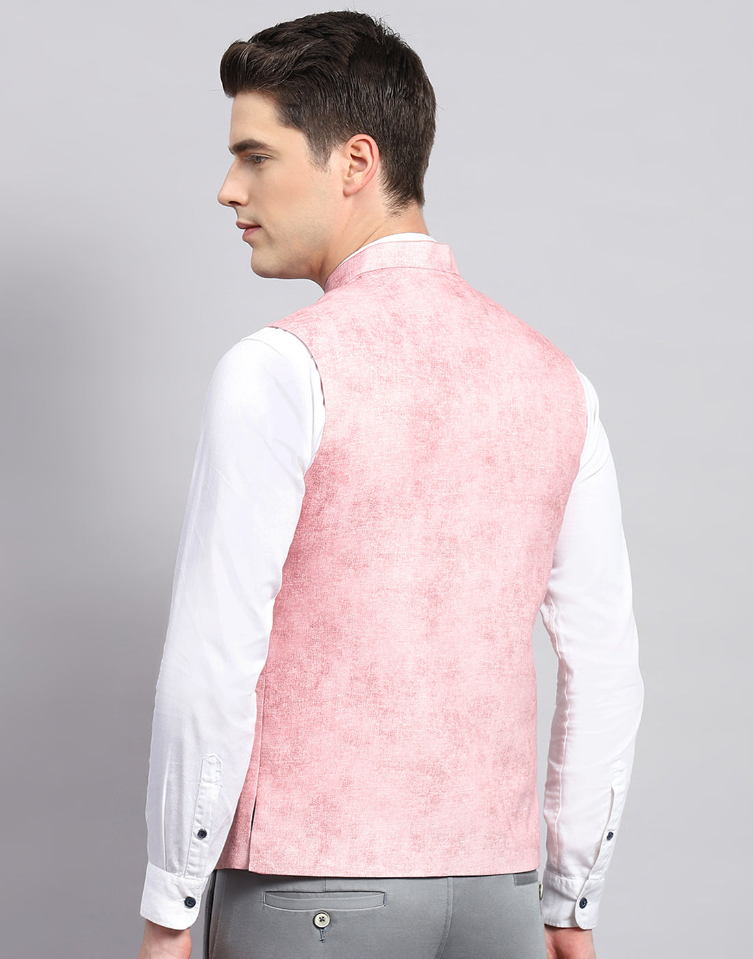 Men Pink Self Design Mandarin Collar Sleeveless Nehru Jacket