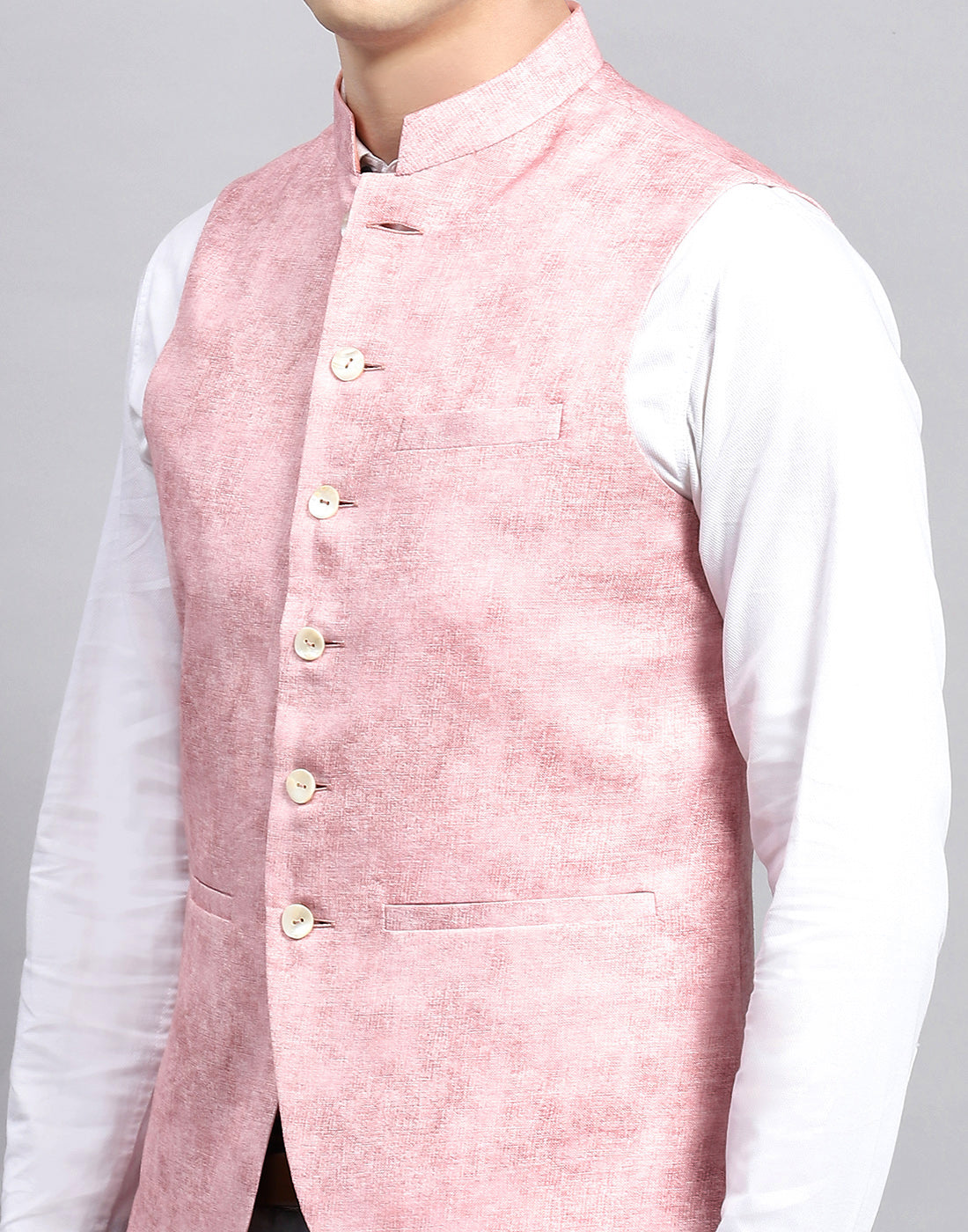 Men Pink Self Design Mandarin Collar Sleeveless Nehru Jacket