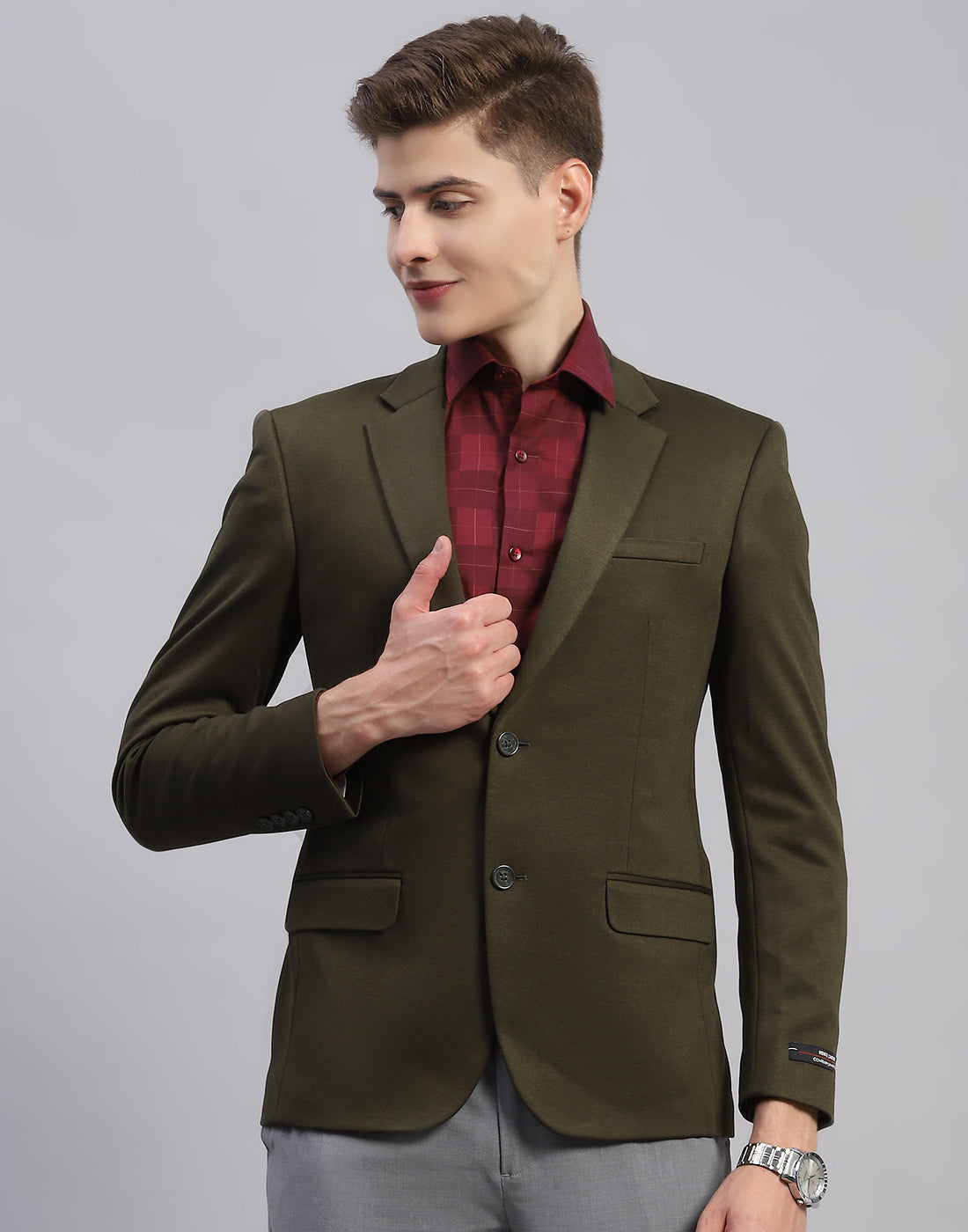 Men Olive Solid Notch Lapel Collar Full Sleeve Blazer