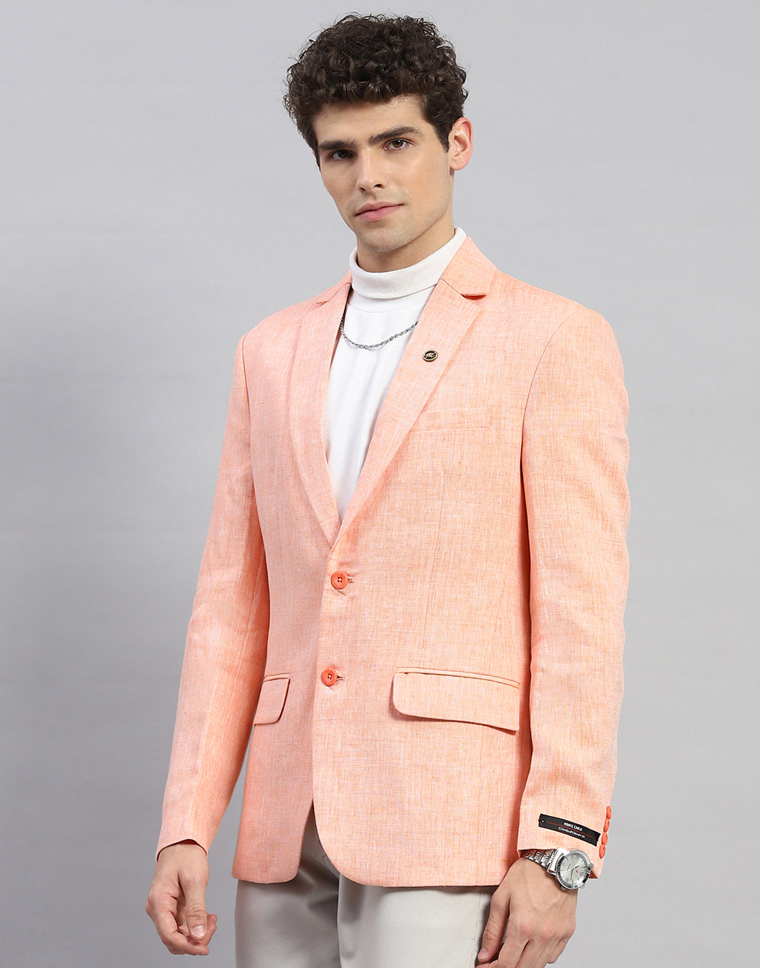 Men Orange Solid Notch Lapel Collar Full Sleeve Blazer