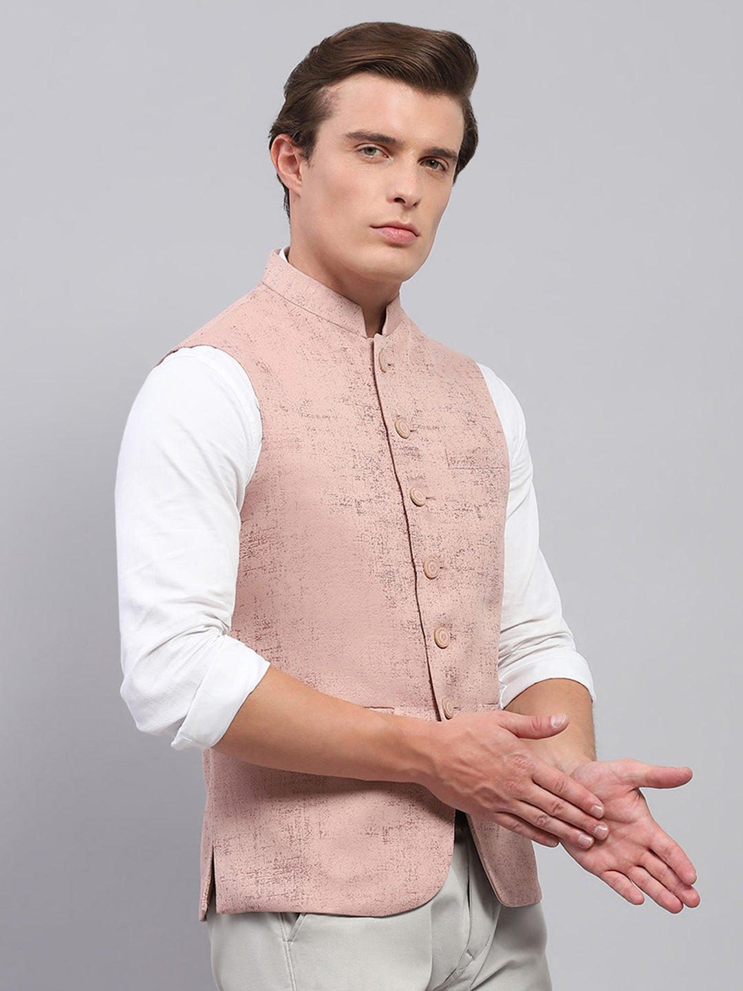 Men Pink Self Design Band Collar Sleeveless Coat