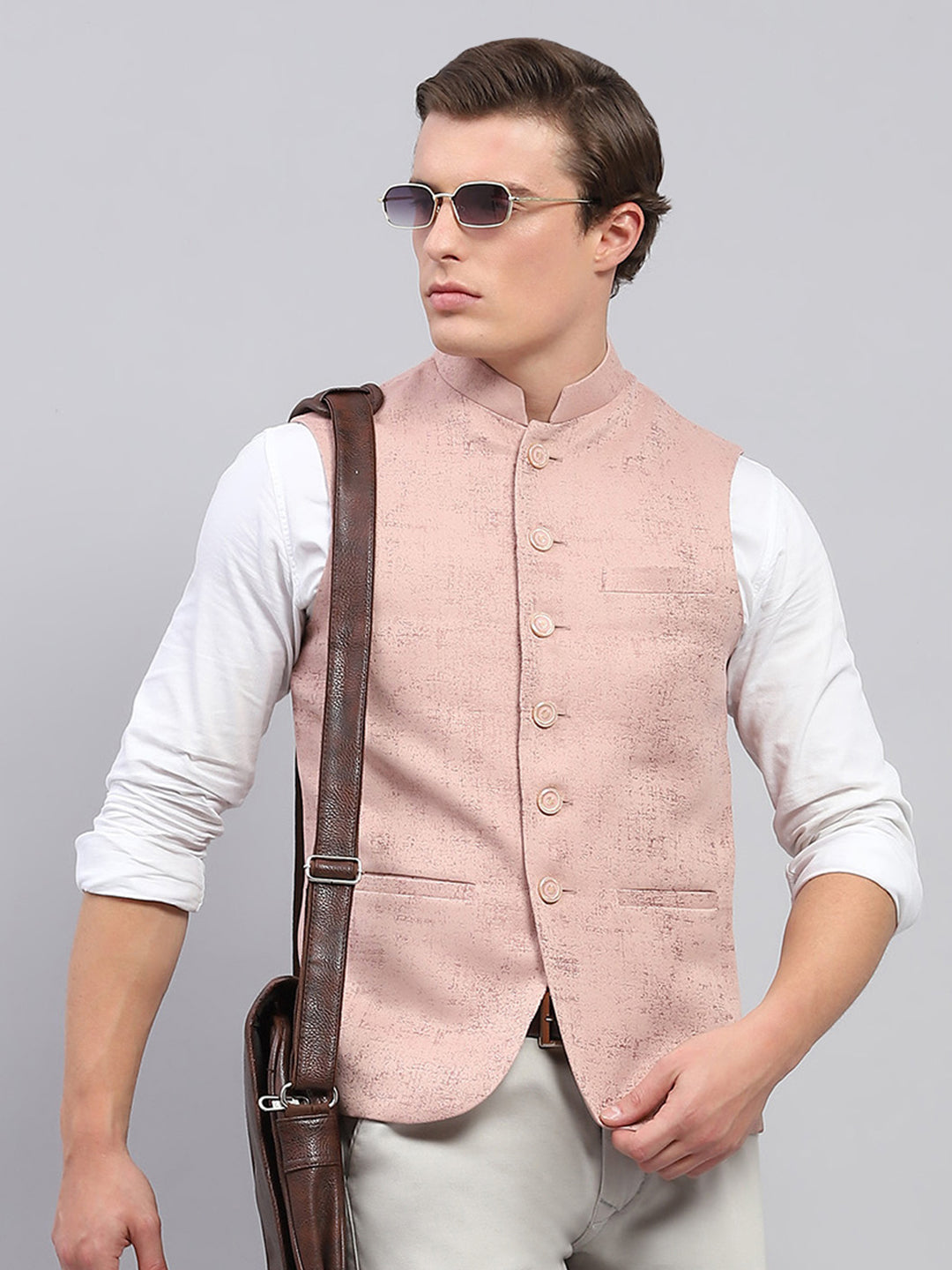 Men Pink Self Design Band Collar Sleeveless Coat