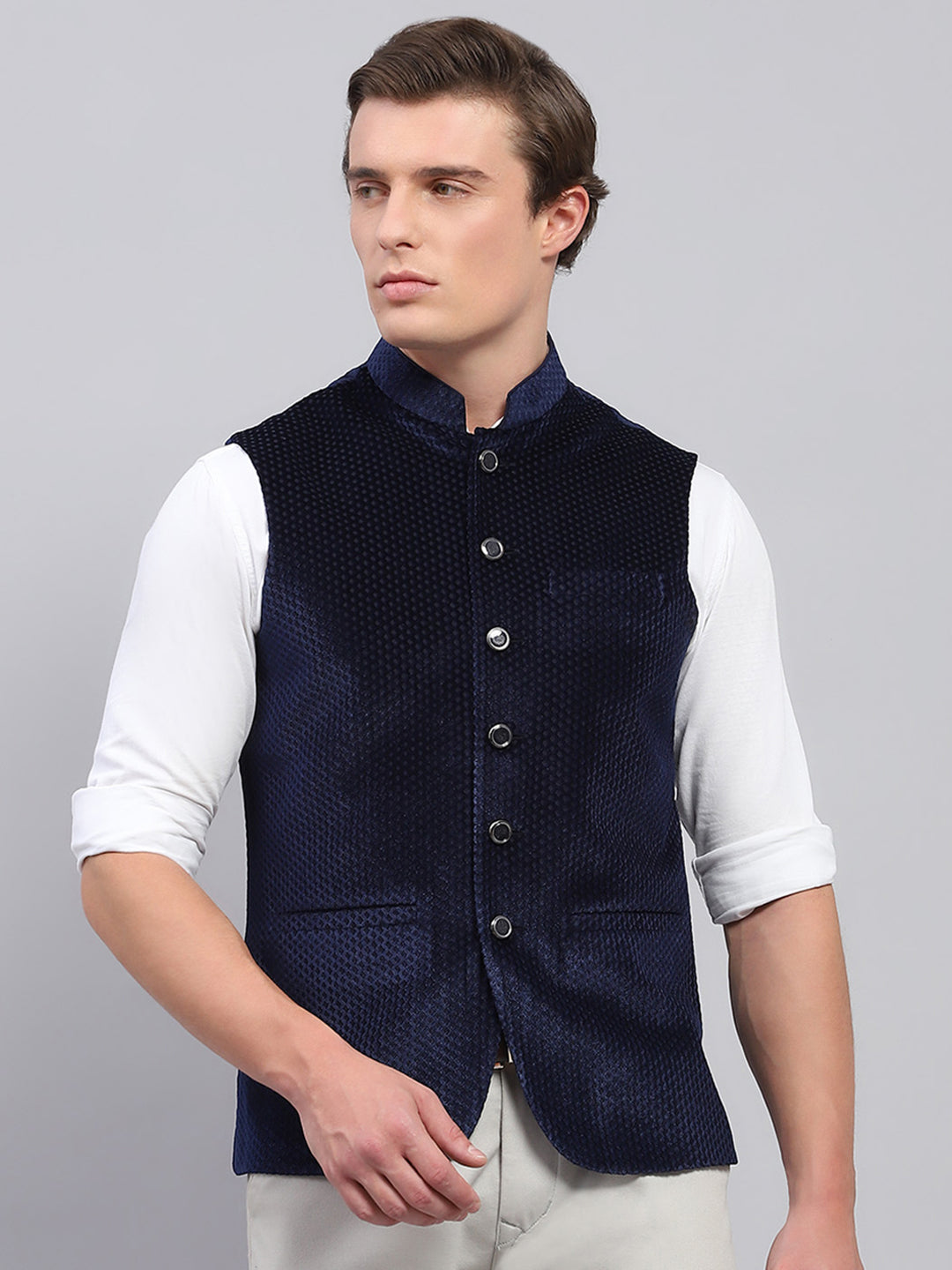 Men Navy Blue Self Design Band Collar Sleeveless Coat