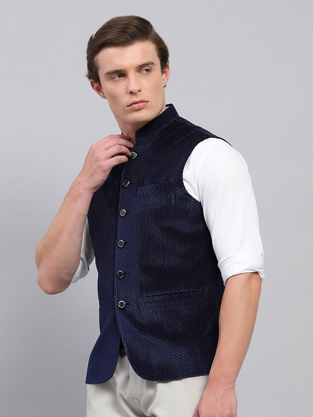 Men Navy Blue Self Design Band Collar Sleeveless Coat