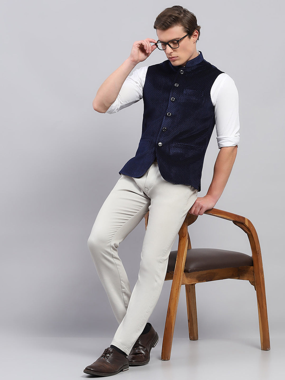 Men Navy Blue Self Design Band Collar Sleeveless Coat